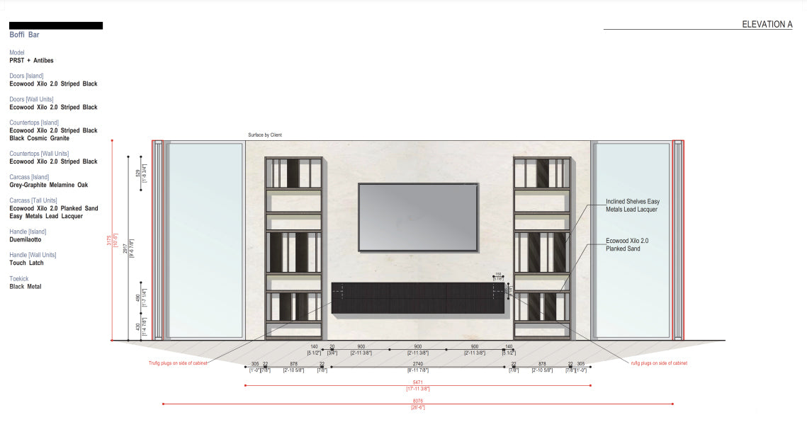 Boffi PRST + Antibes Bar with Ecowood Xilo 2.0 Veneer and Black Cosmic Granite Countertops