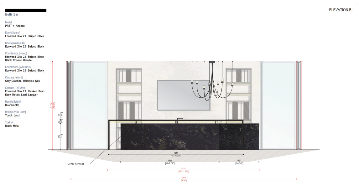 Boffi PRST + Antibes Bar with Ecowood Xilo 2.0 Veneer and Black Cosmic Granite Countertops