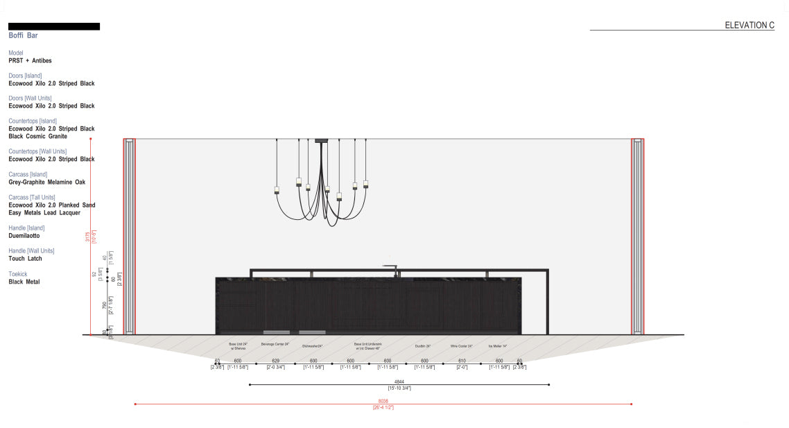 Boffi PRST + Antibes Bar with Ecowood Xilo 2.0 Veneer and Black Cosmic Granite Countertops