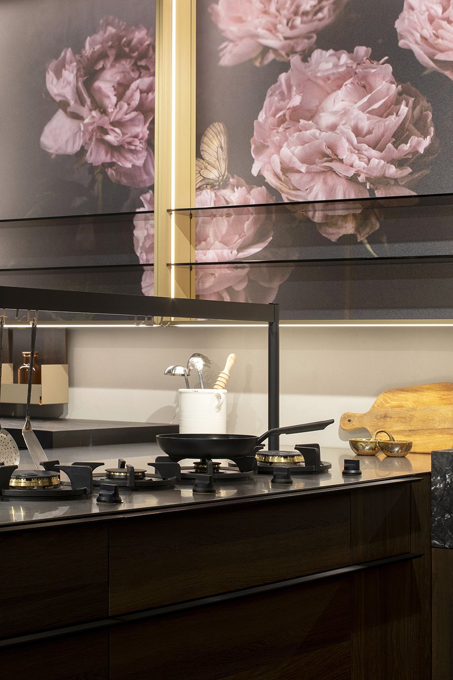 Cesar Modern Dark Wood Tone Kitchen with Black Wood Veneer Countertops and Custom Marble Sink