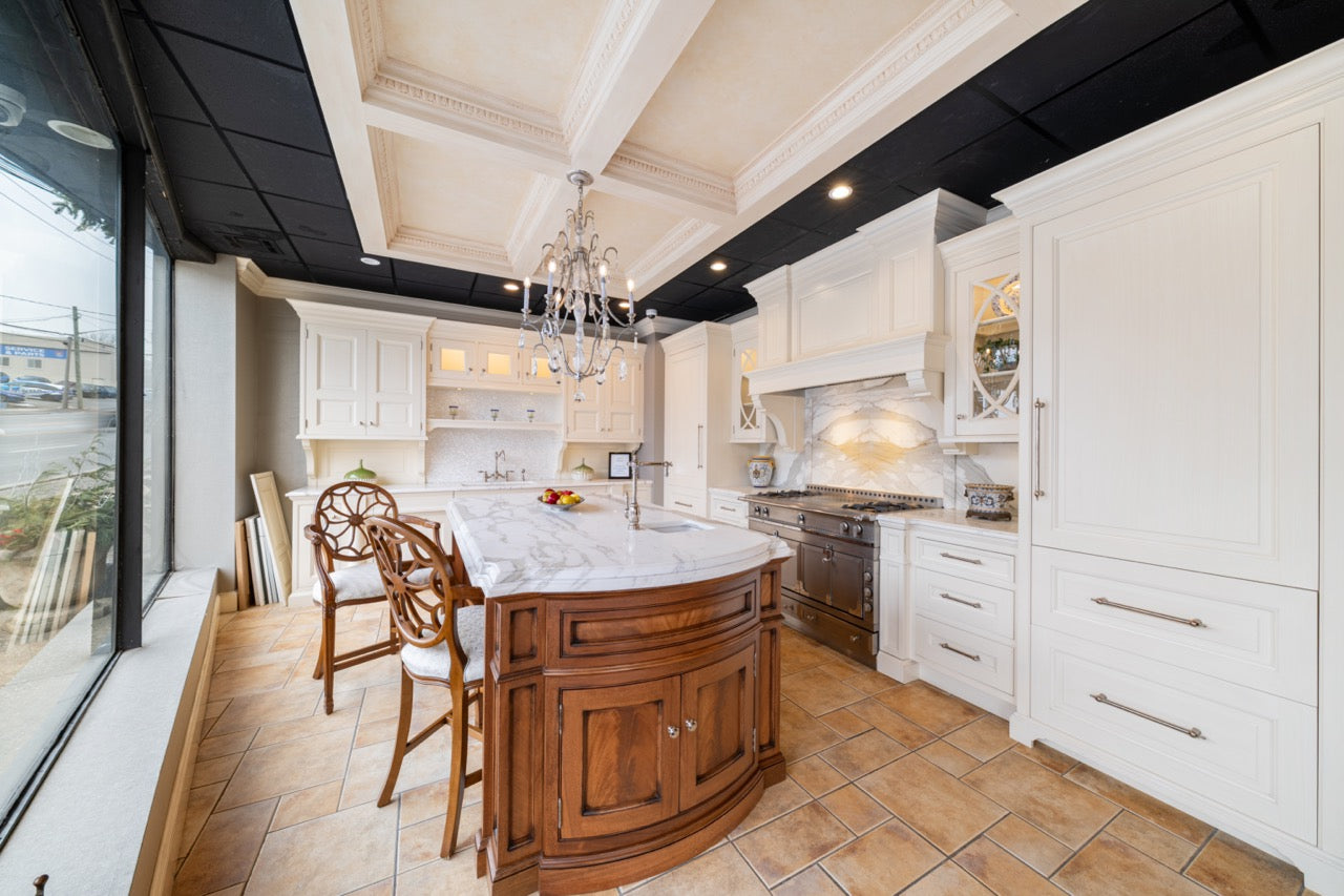 Showcase Transitional White Kitchen with Marble Countertops and La Cornue Chateau 120 Range with French Top