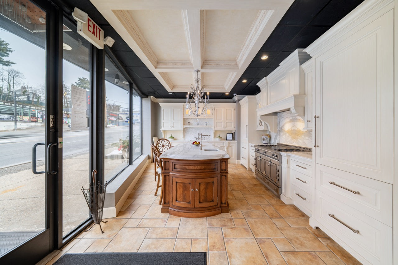Showcase Transitional White Kitchen with Marble Countertops and La Cornue Chateau 120 Range with French Top