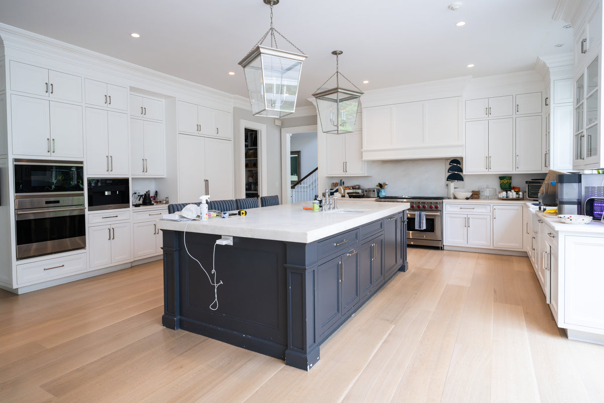 "The Abercorn" Transitional White Kitchen with Island & 48" Wolf Range