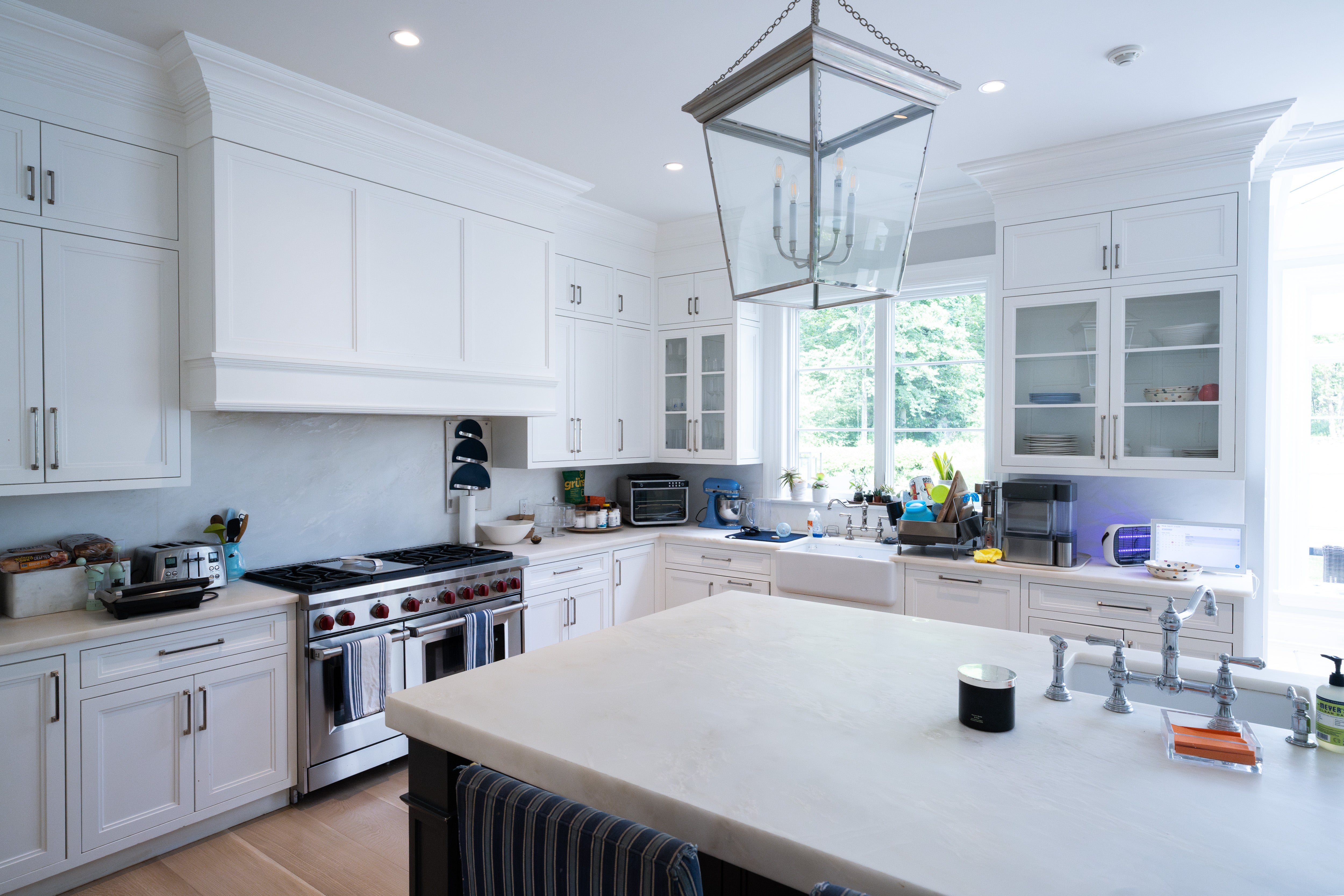 "The Abercorn" Transitional White Kitchen with Island & 48" Wolf Range