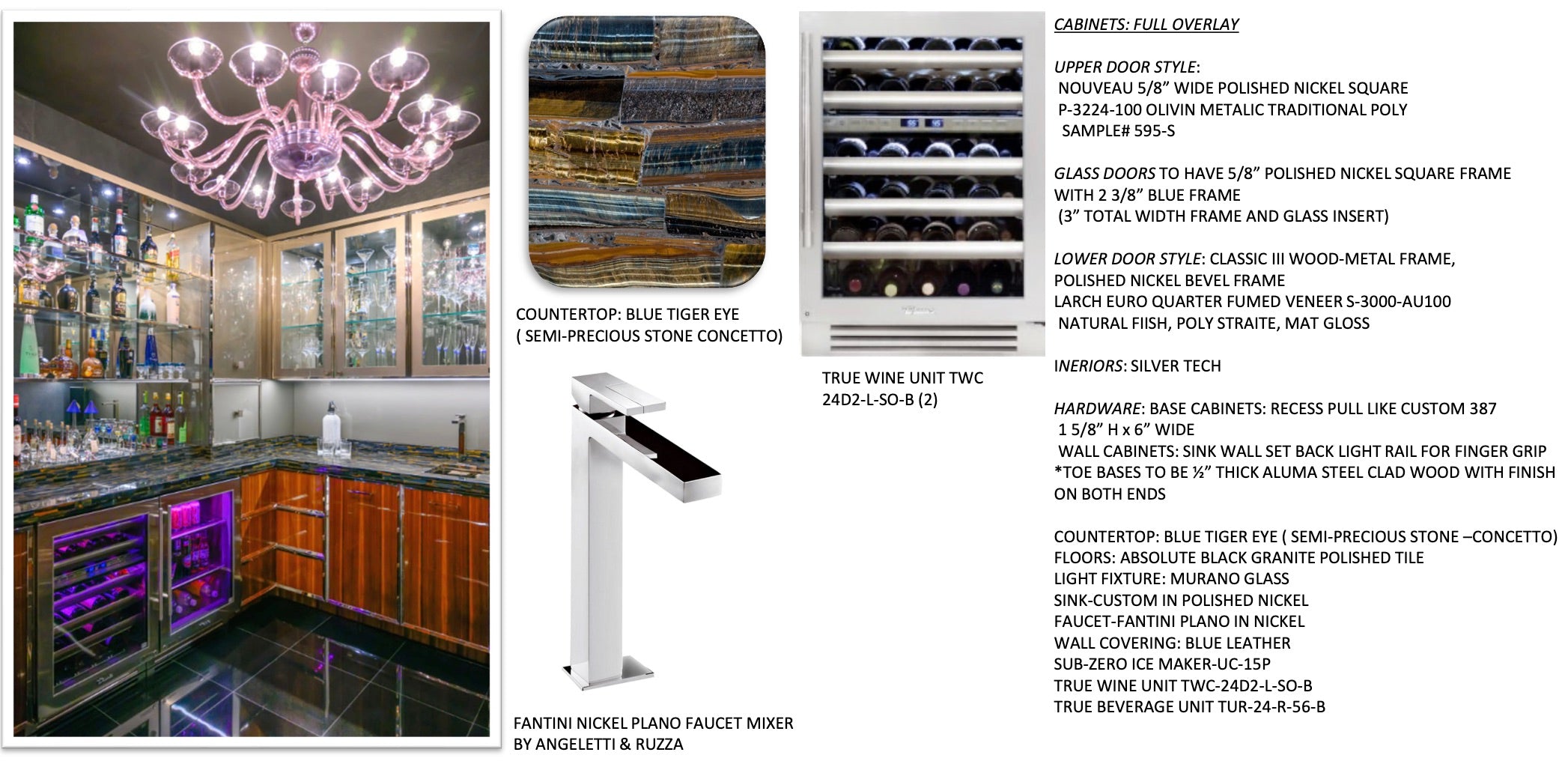 St. Charles Modern Metallic Glossy Veneer & Polished Nickel Wet Bar with Stone Countertops & True Residential Appliances