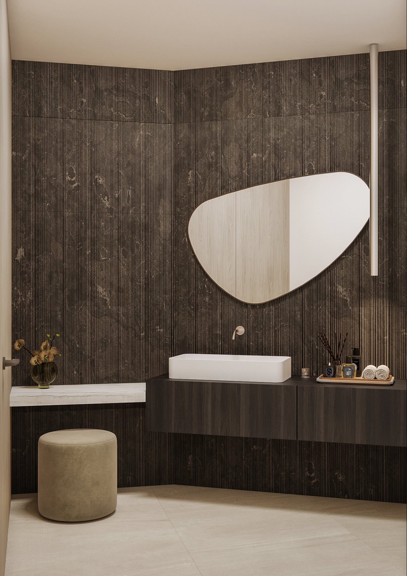 Boffi Upper Units Modern Powder Bathroom with Ecowood Xilo 2.0 Striped Black Finish