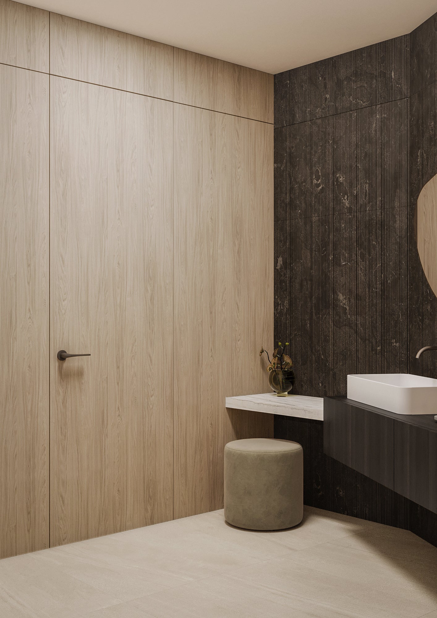 Boffi Upper Units Modern Powder Bathroom with Ecowood Xilo 2.0 Striped Black Finish