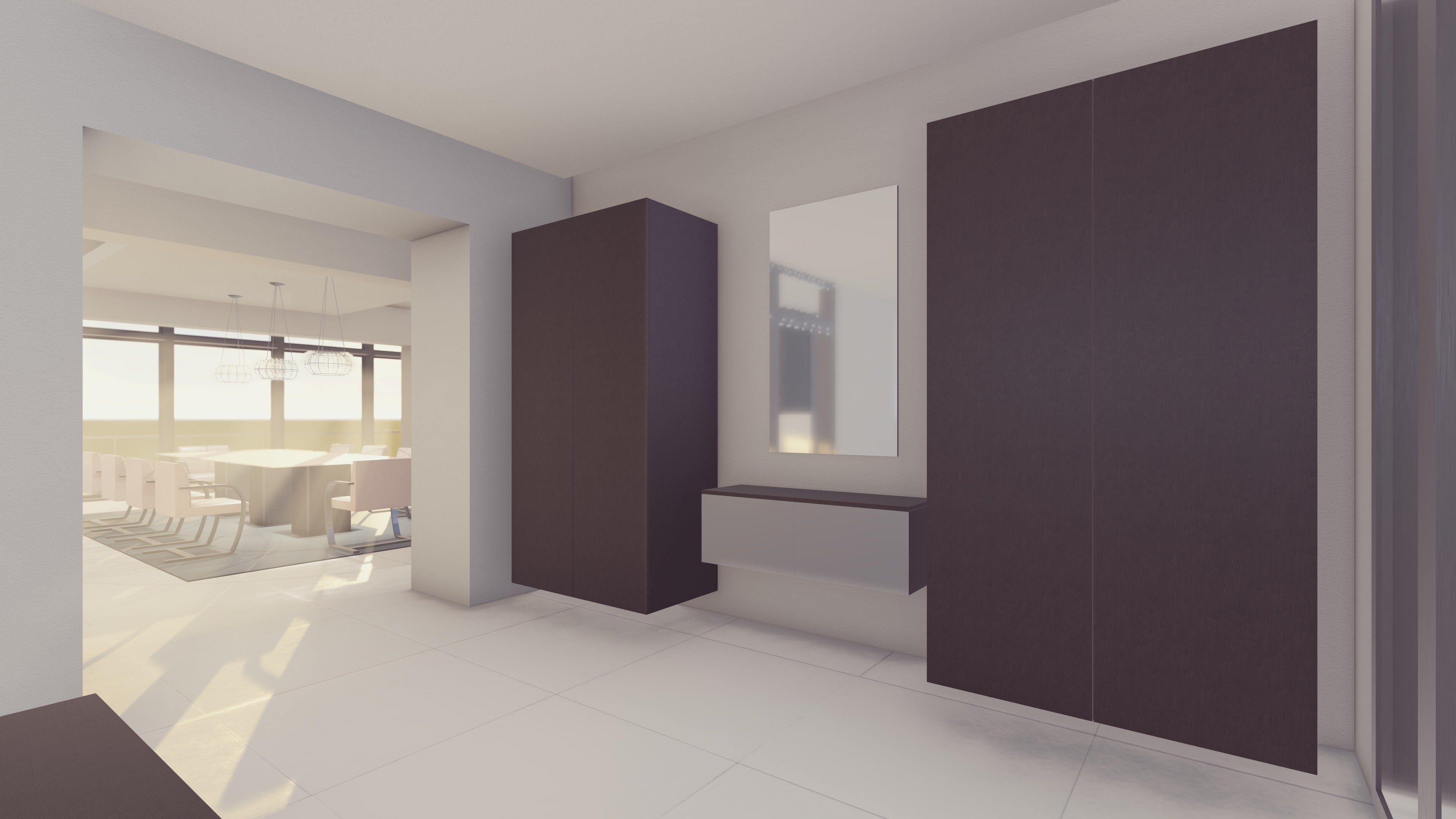 Poggenpohl Modern Bronze Matte Glass and Pine Terra Veneer Floating Entry Cabinetry