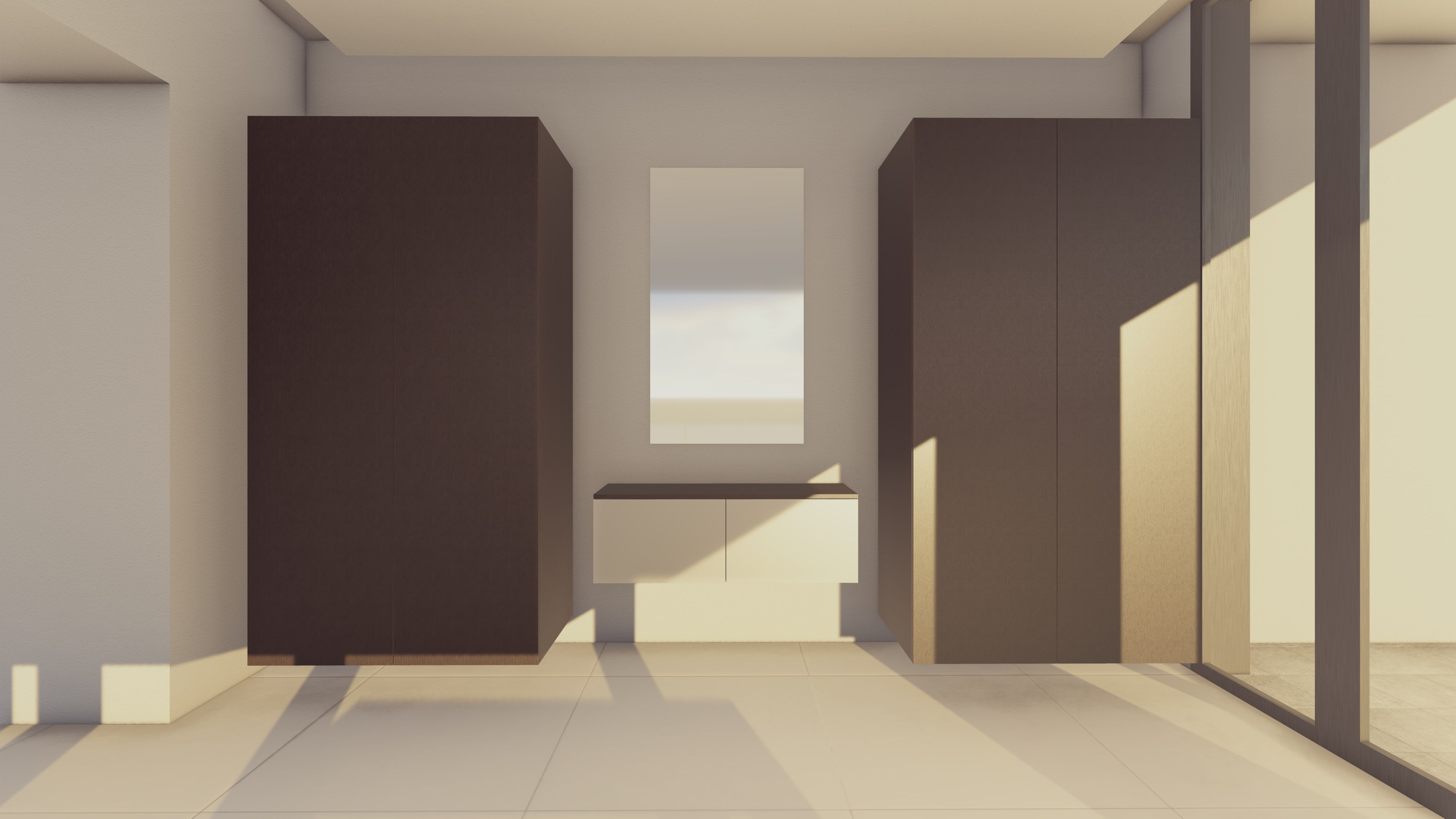 Poggenpohl Modern Bronze Matte Glass and Pine Terra Veneer Floating Entry Cabinetry