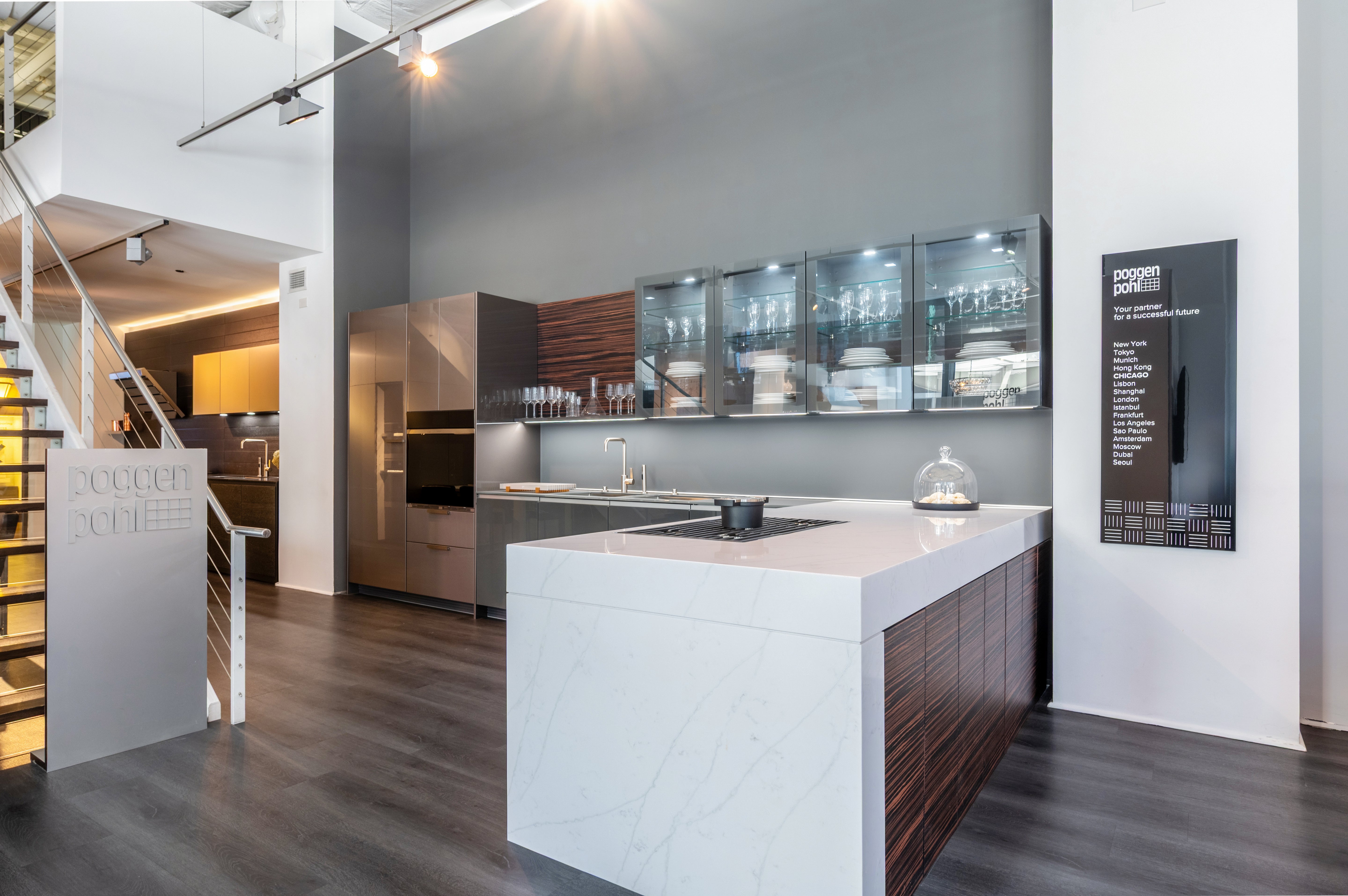 Poggenpohl Standard Modern Multi-Tone Kitchen with Glass Upper Cabinets and Sub-Zero & Wolf Appliances