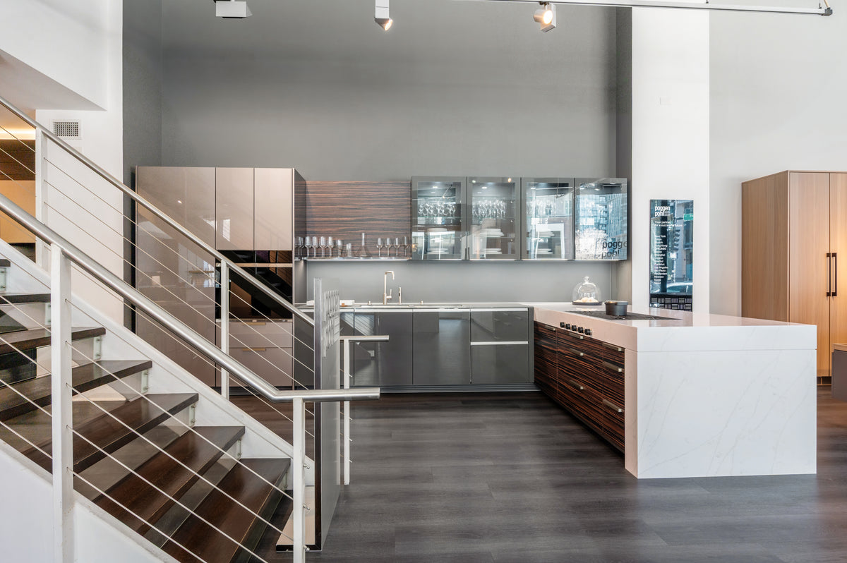 Poggenpohl Standard Modern Multi-Tone Kitchen with Glass Upper Cabinets and Sub-Zero & Wolf Appliances