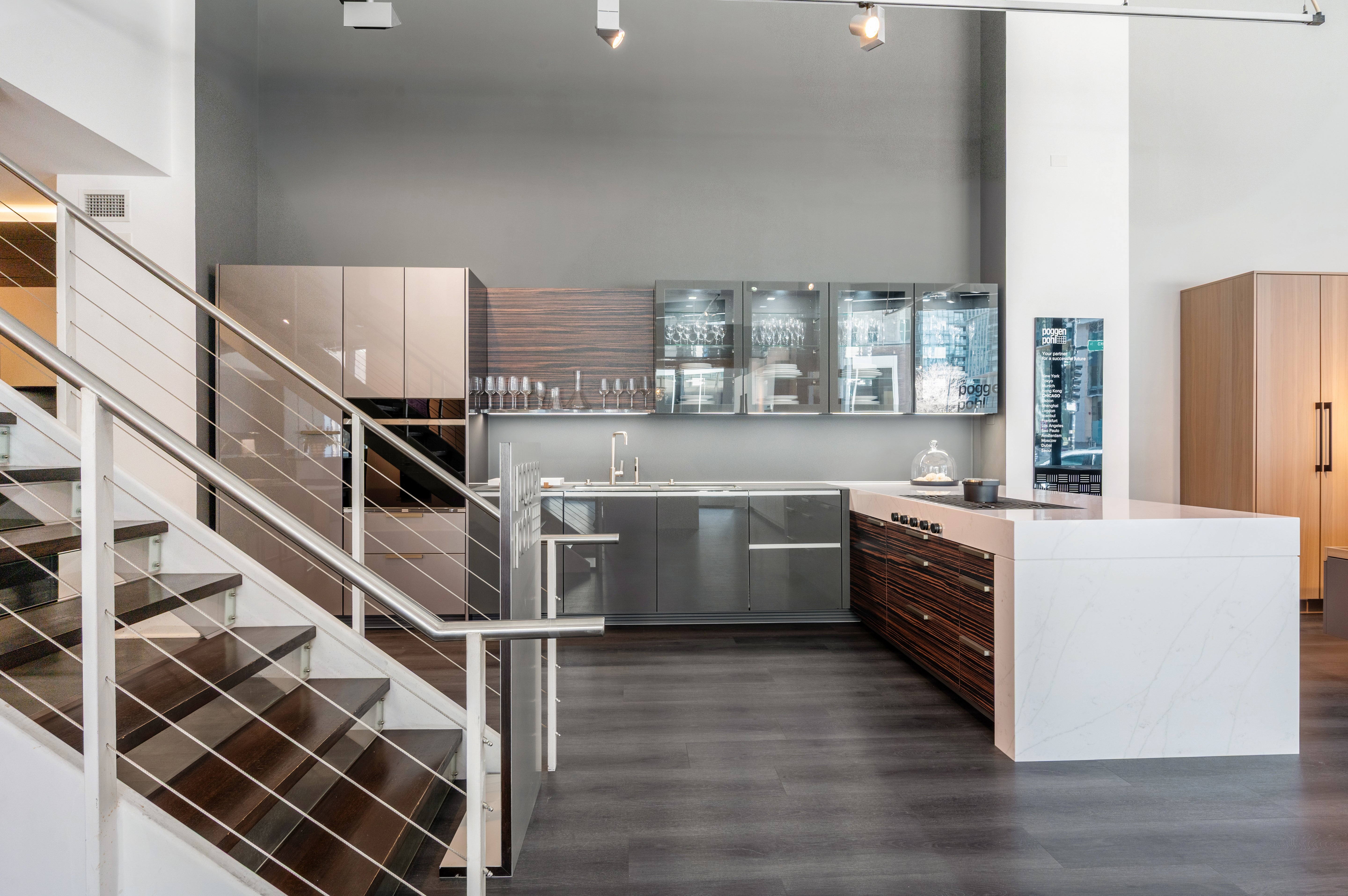 Poggenpohl Standard Modern Multi-Tone Kitchen with Glass Upper Cabinets and Sub-Zero & Wolf Appliances