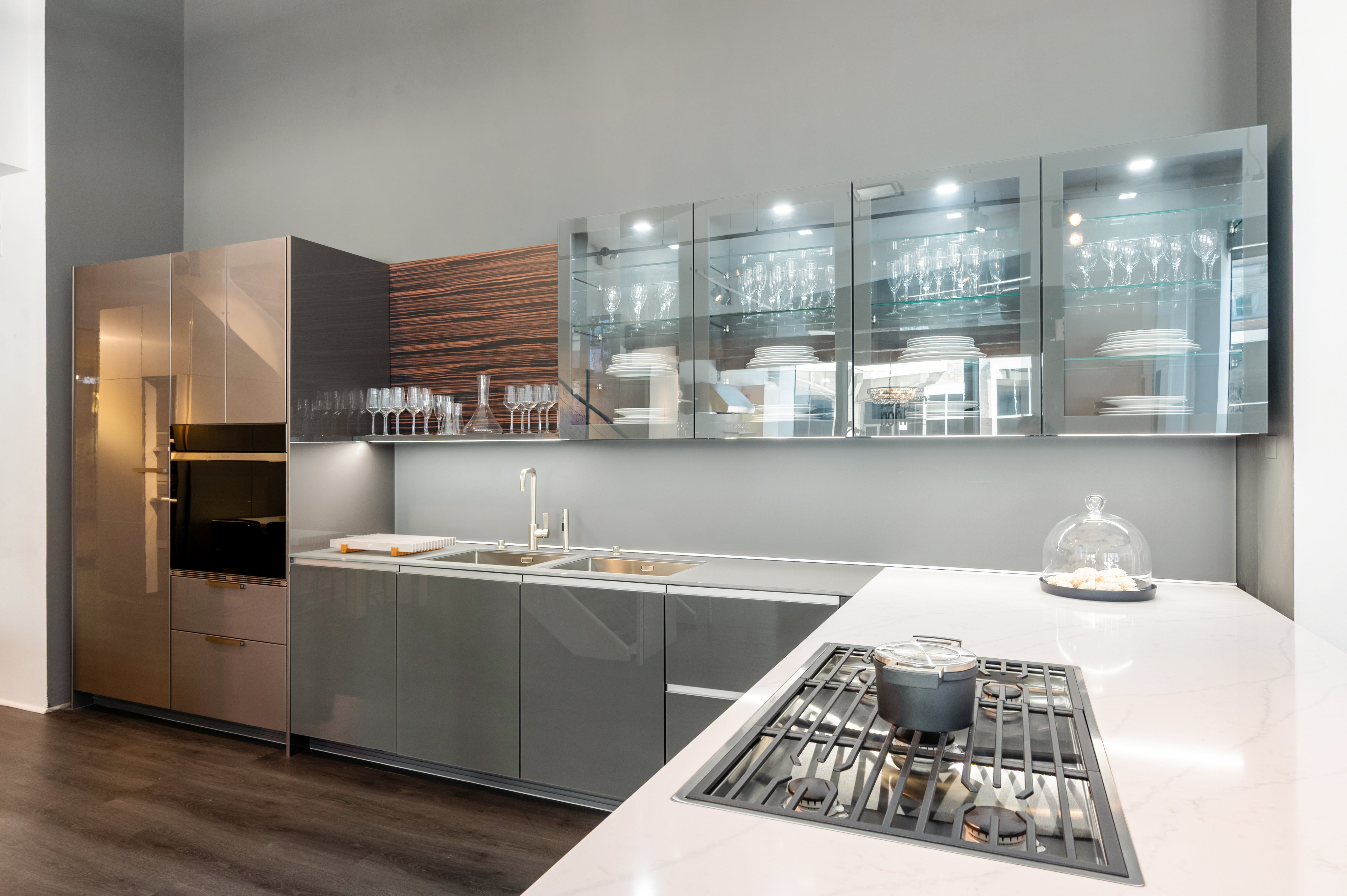 Poggenpohl Standard Modern Multi-Tone Kitchen with Glass Upper Cabinets and Sub-Zero & Wolf Appliances