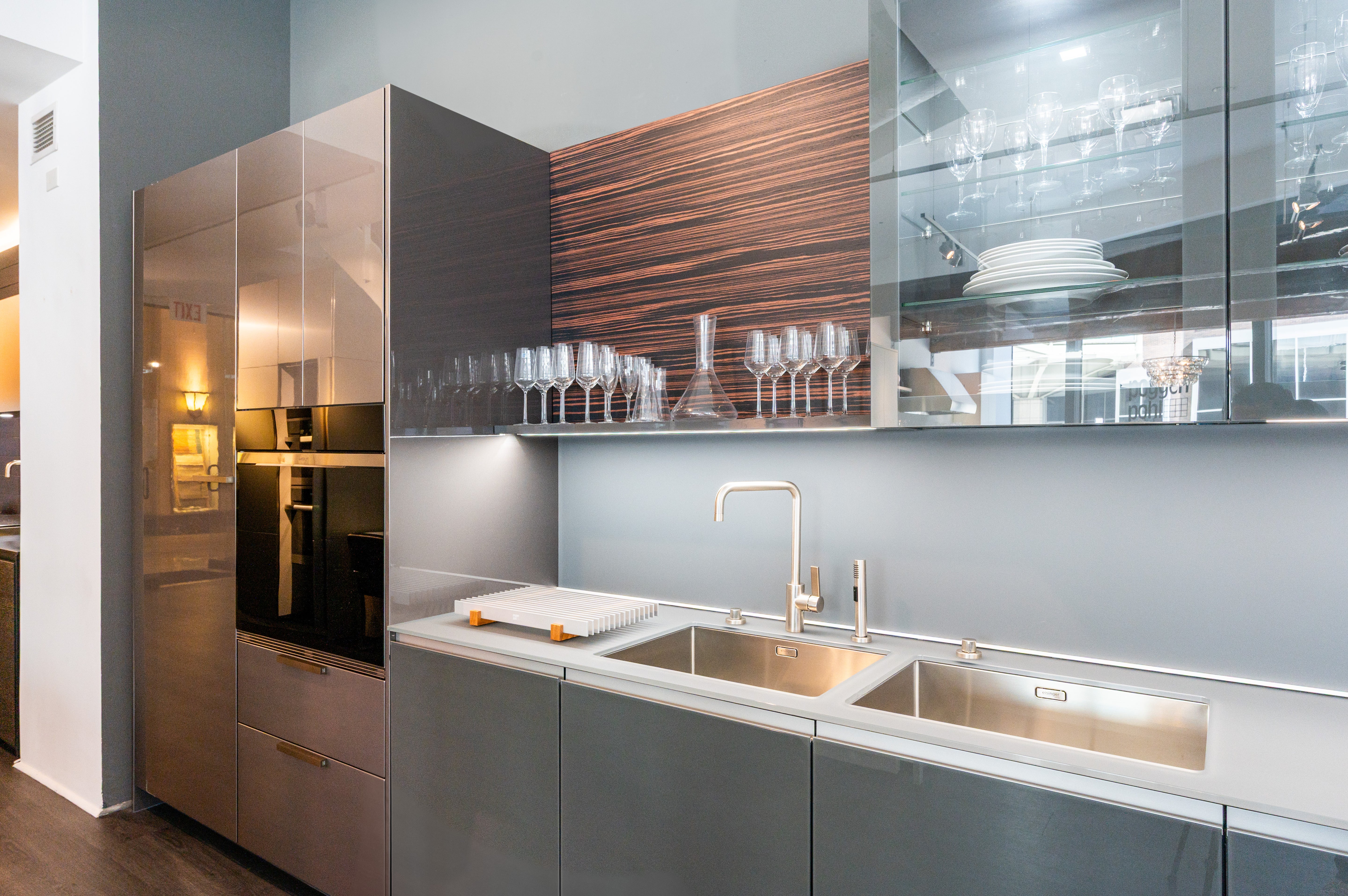 Poggenpohl Standard Modern Multi-Tone Kitchen with Glass Upper Cabinets and Sub-Zero & Wolf Appliances