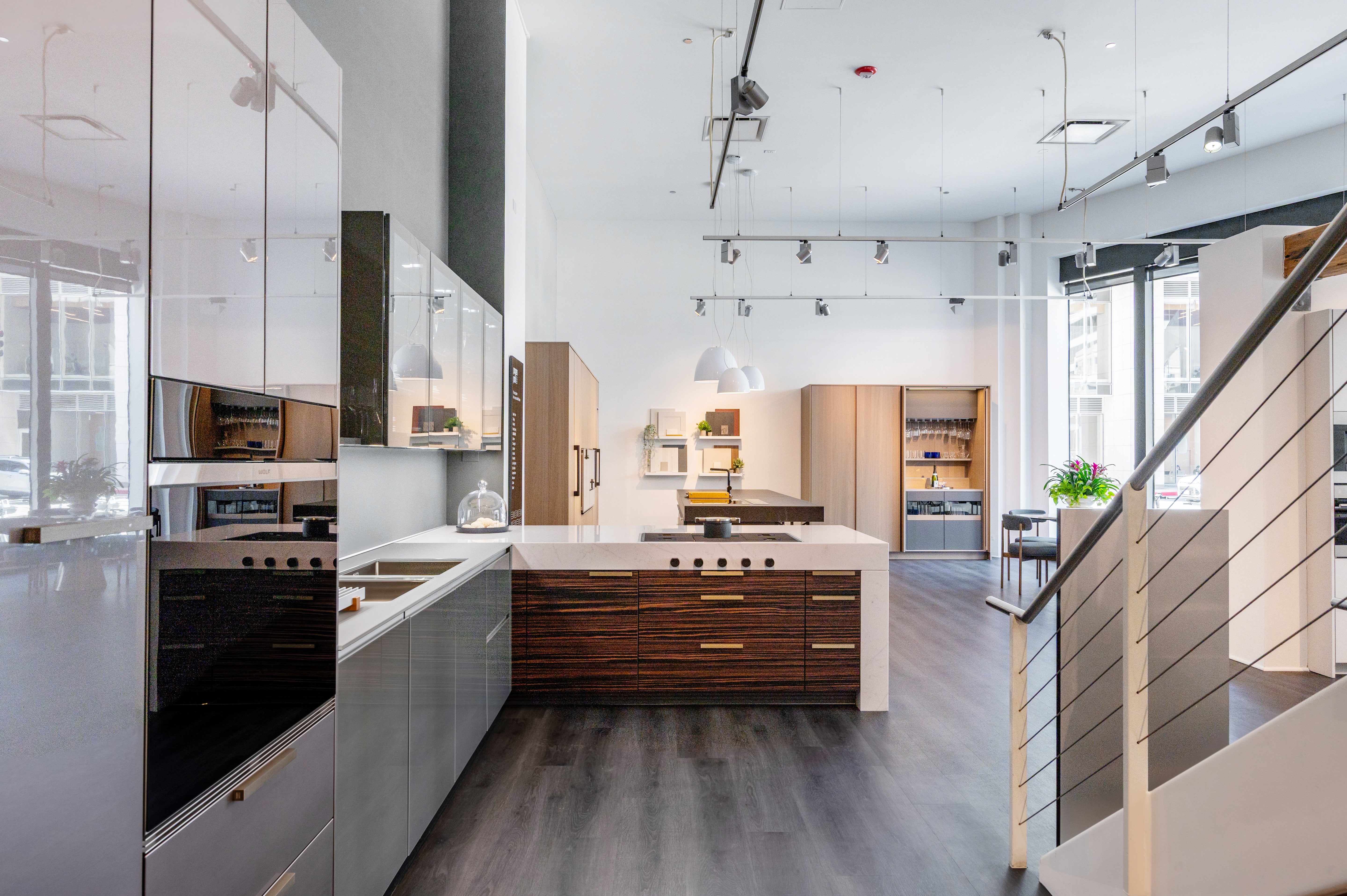 Poggenpohl Standard Modern Multi-Tone Kitchen with Glass Upper Cabinets and Sub-Zero & Wolf Appliances