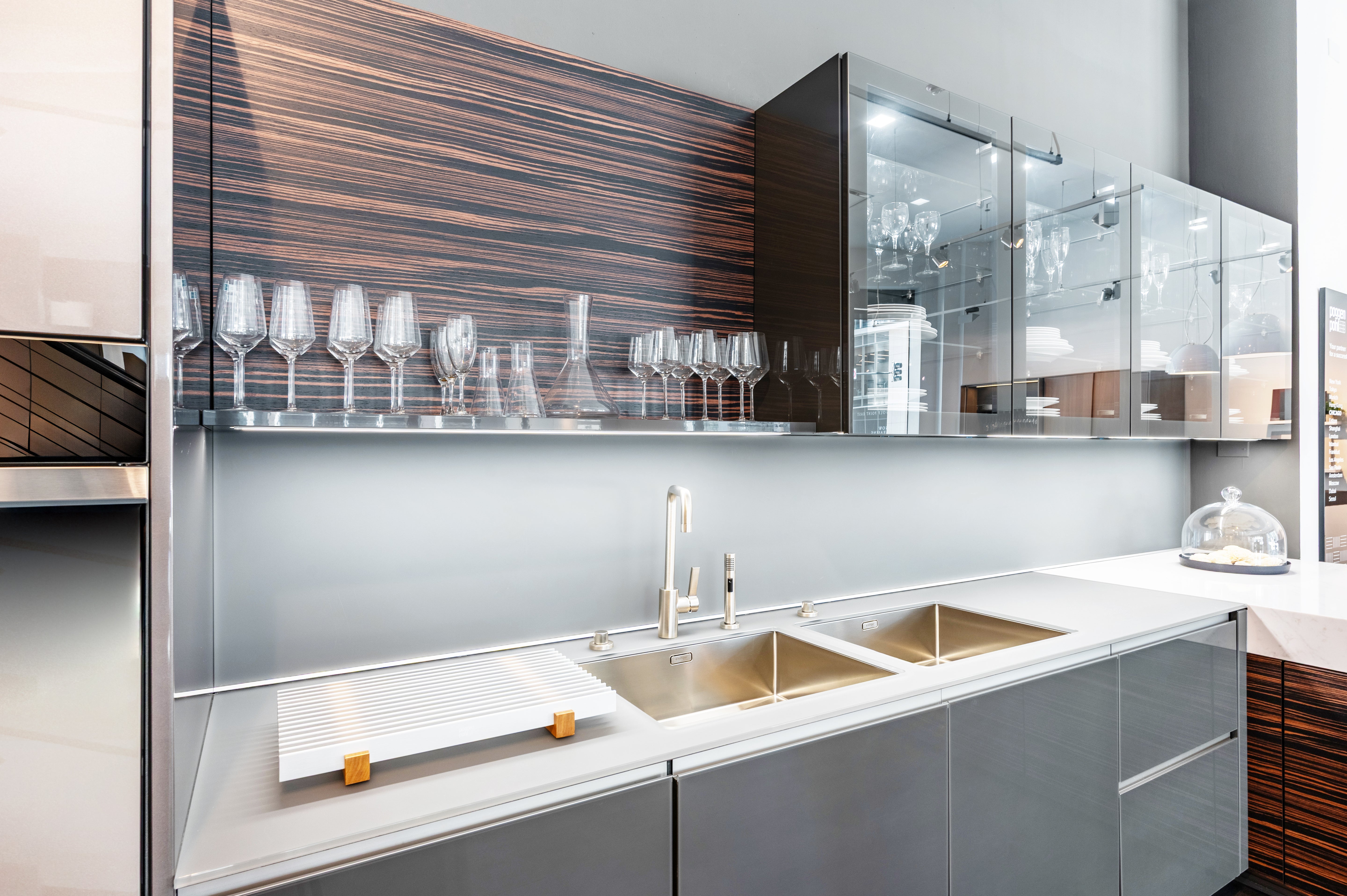 Poggenpohl Standard Modern Multi-Tone Kitchen with Glass Upper Cabinets and Sub-Zero & Wolf Appliances