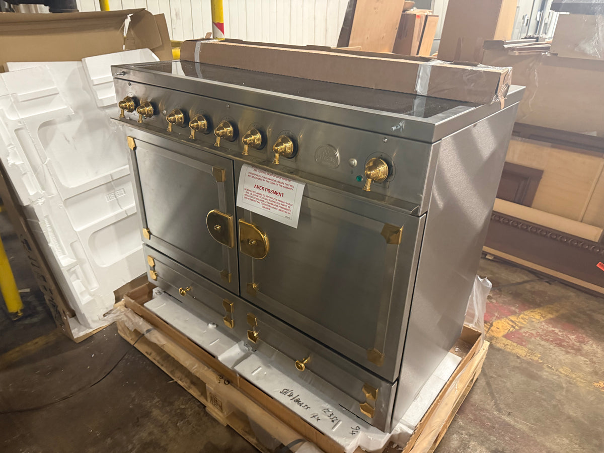 Luxury French 44 inch stainless steel induction stove with polished brass accents