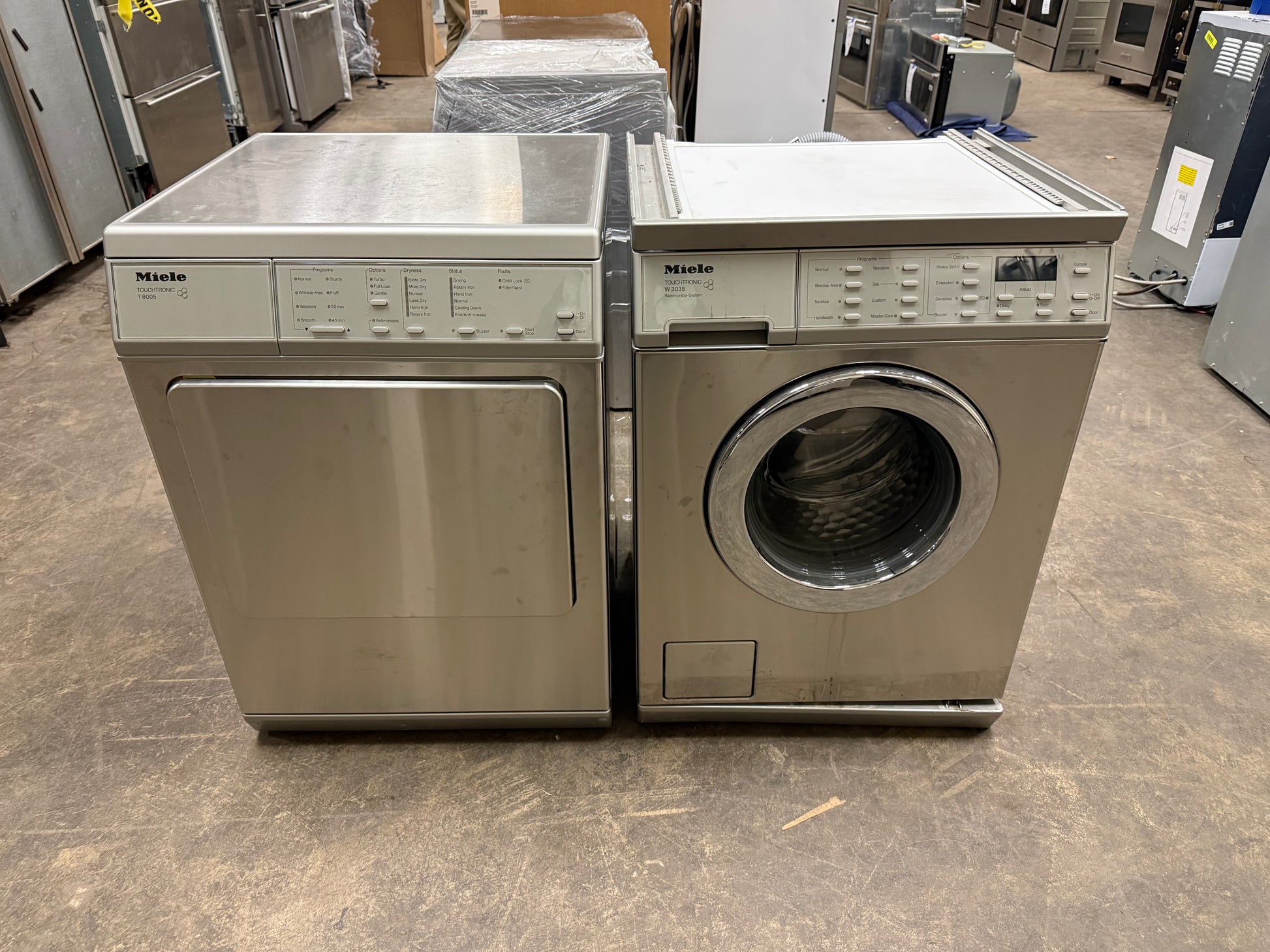 Stacked Miele W3035 washer and T8005 dryer 