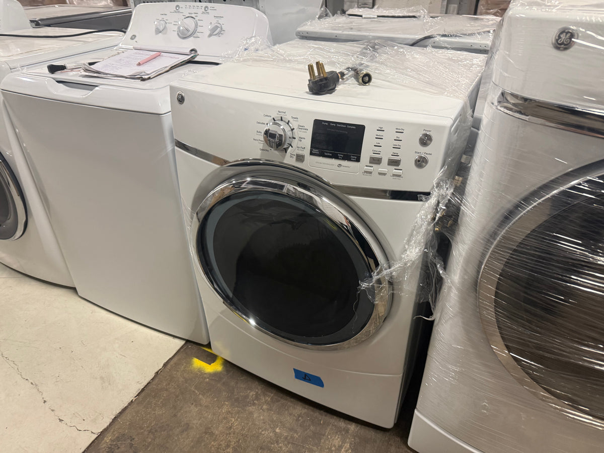 GE steam electric dryer in classic white finish