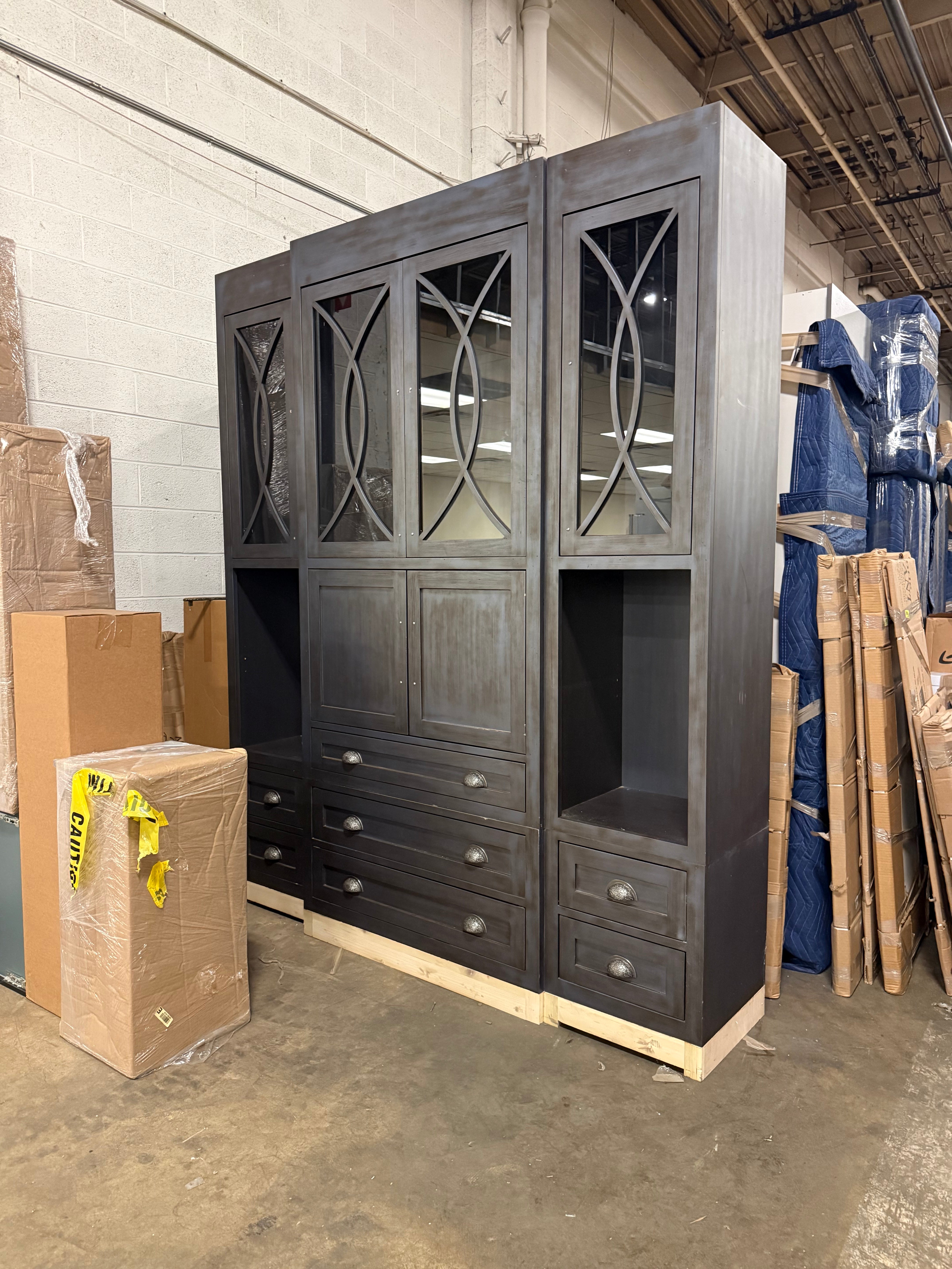 Custom traditional dark navy blue hutch with distressed finish and inset doors