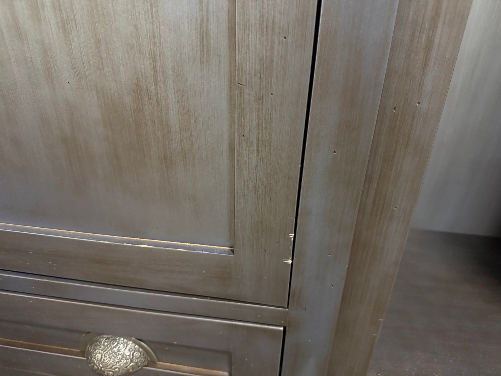 Handcrafted distressed navy blue dining room hutch with plywood box construction