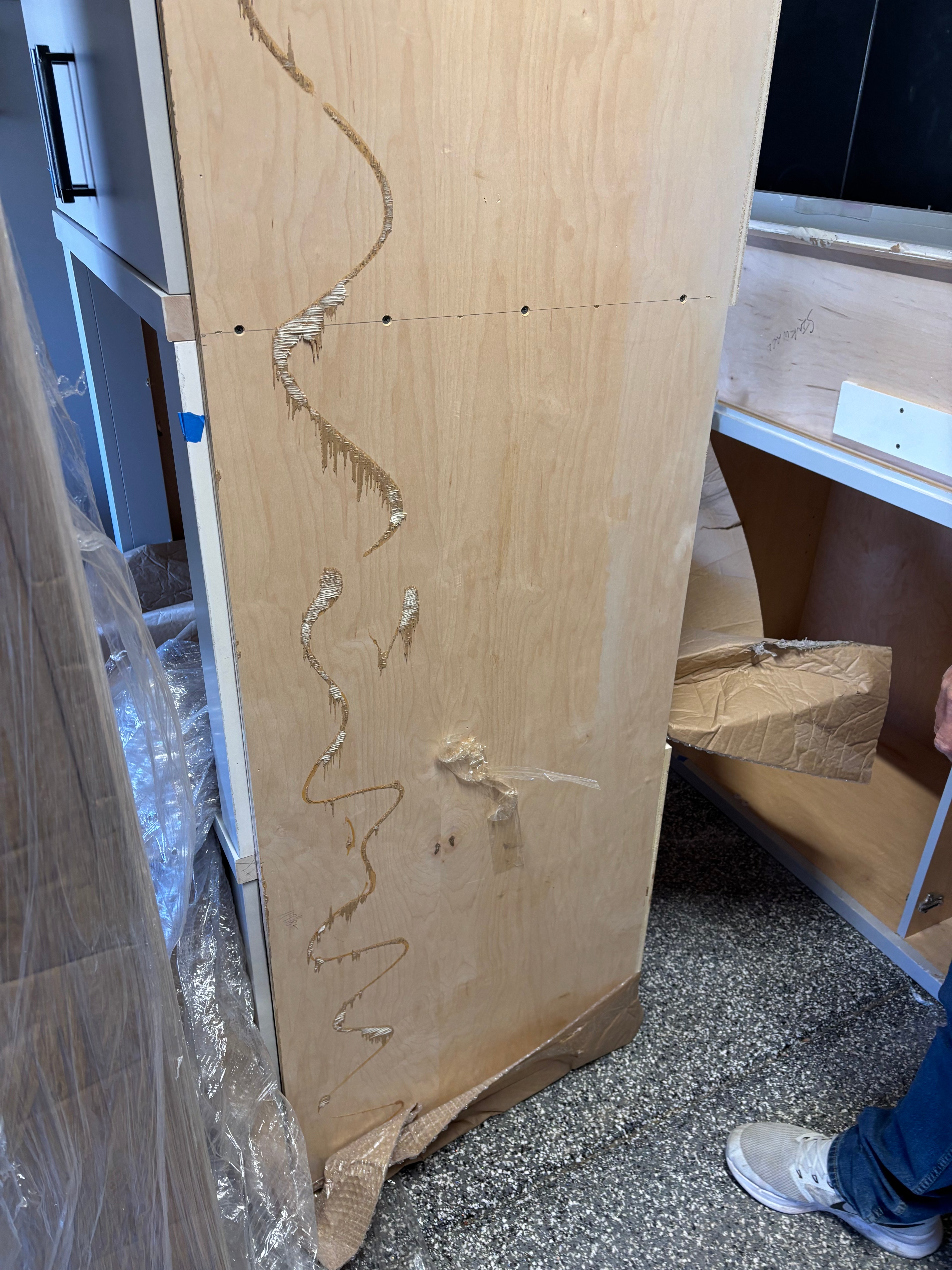 Custom Modern Light Grey Pantry with White Stone Countertops and Stainless Steel Sink
