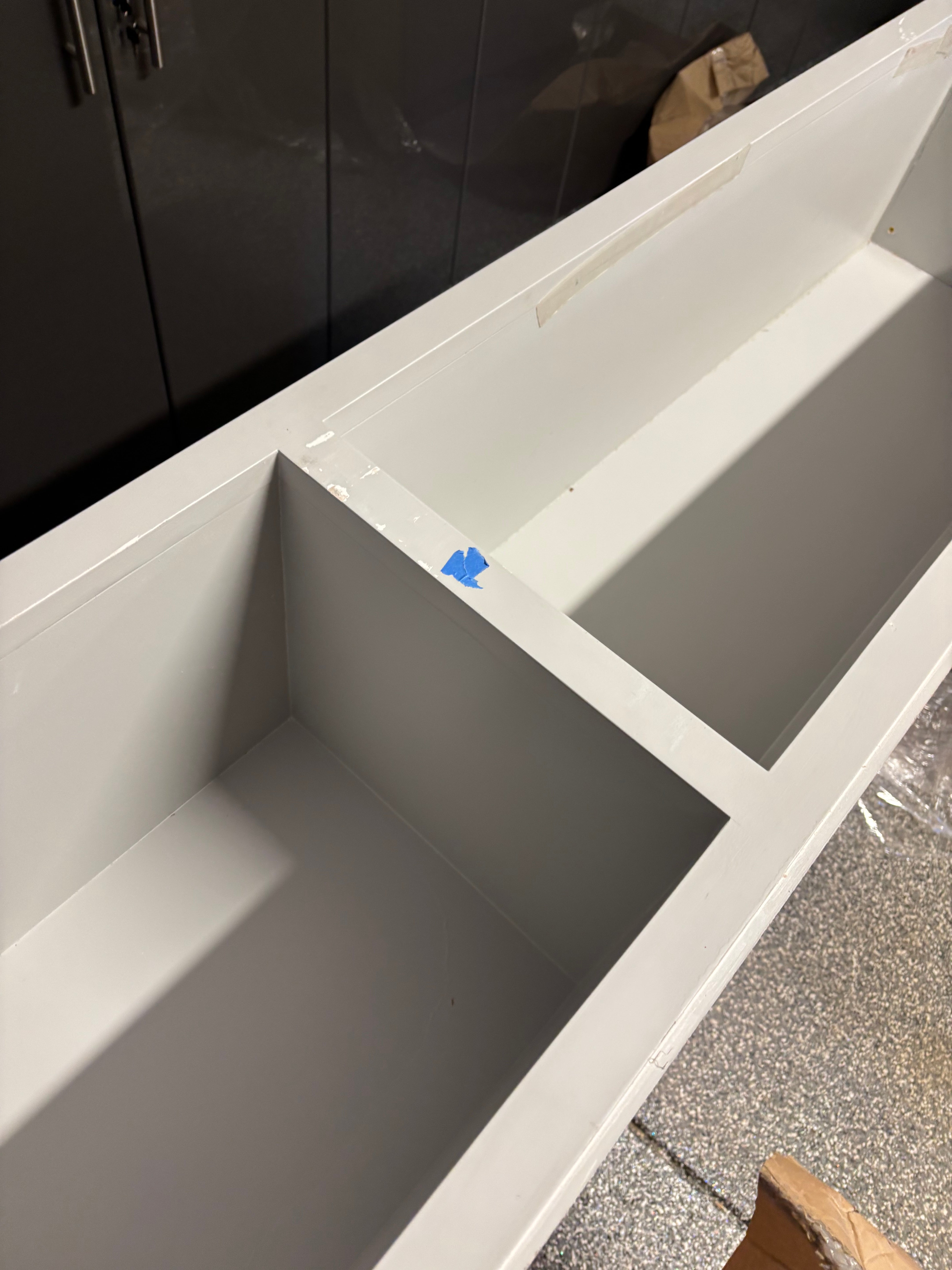 Custom Modern Light Grey Pantry with White Stone Countertops and Stainless Steel Sink