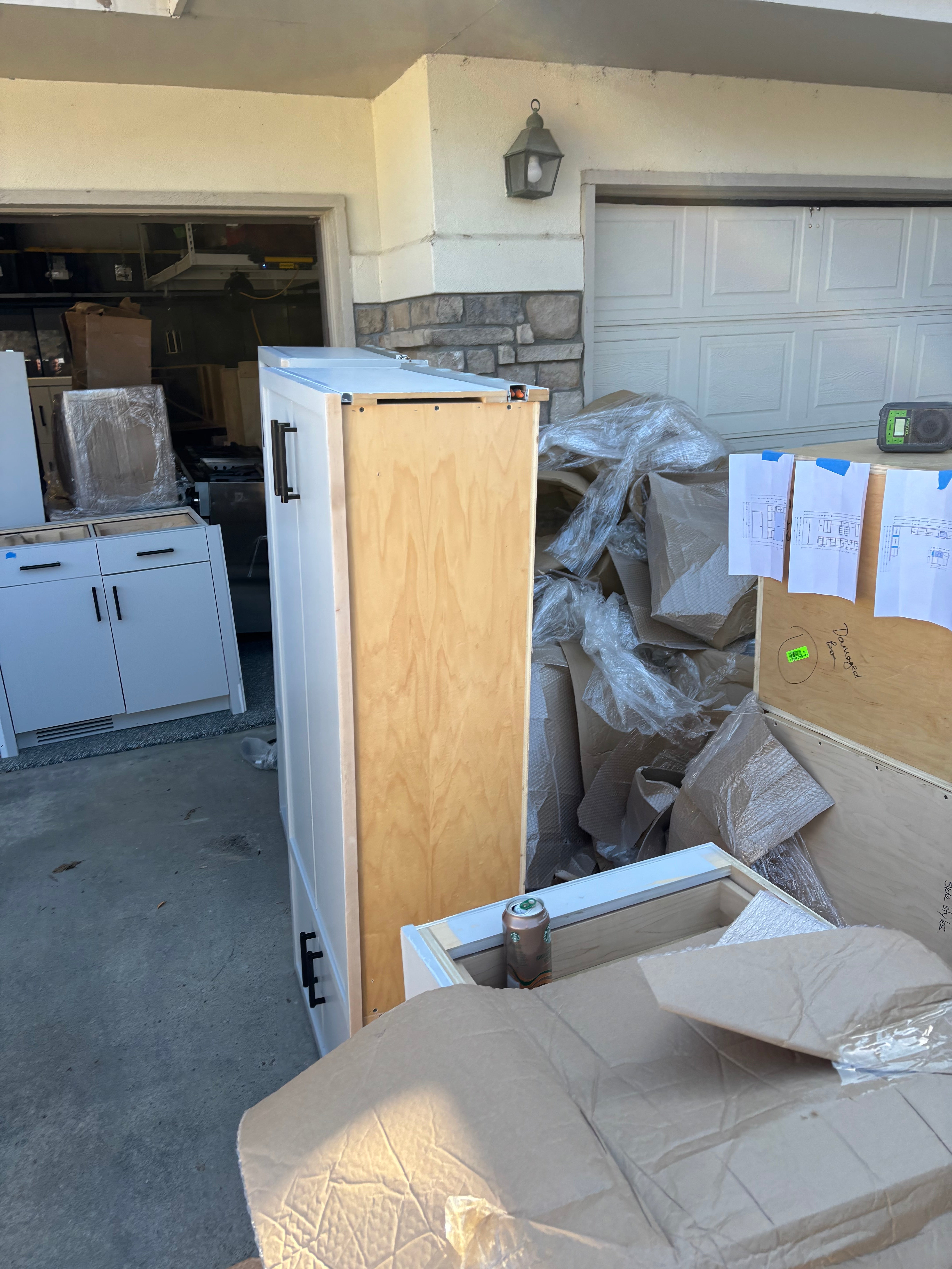 Custom Modern Light Grey Pantry with White Stone Countertops and Stainless Steel Sink