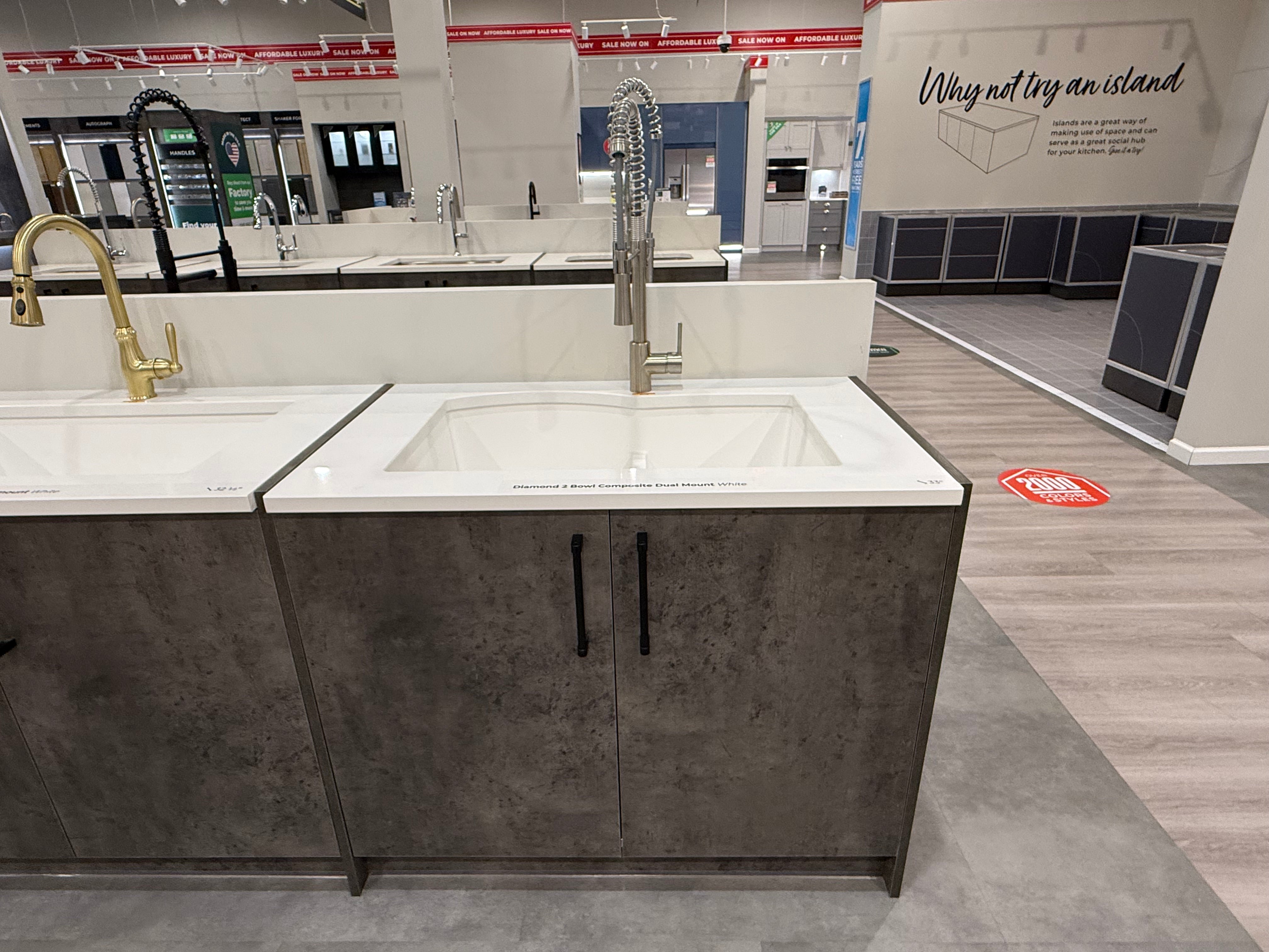 Double Basin White Sink & Brushed Nickel Faucet with Cabinet