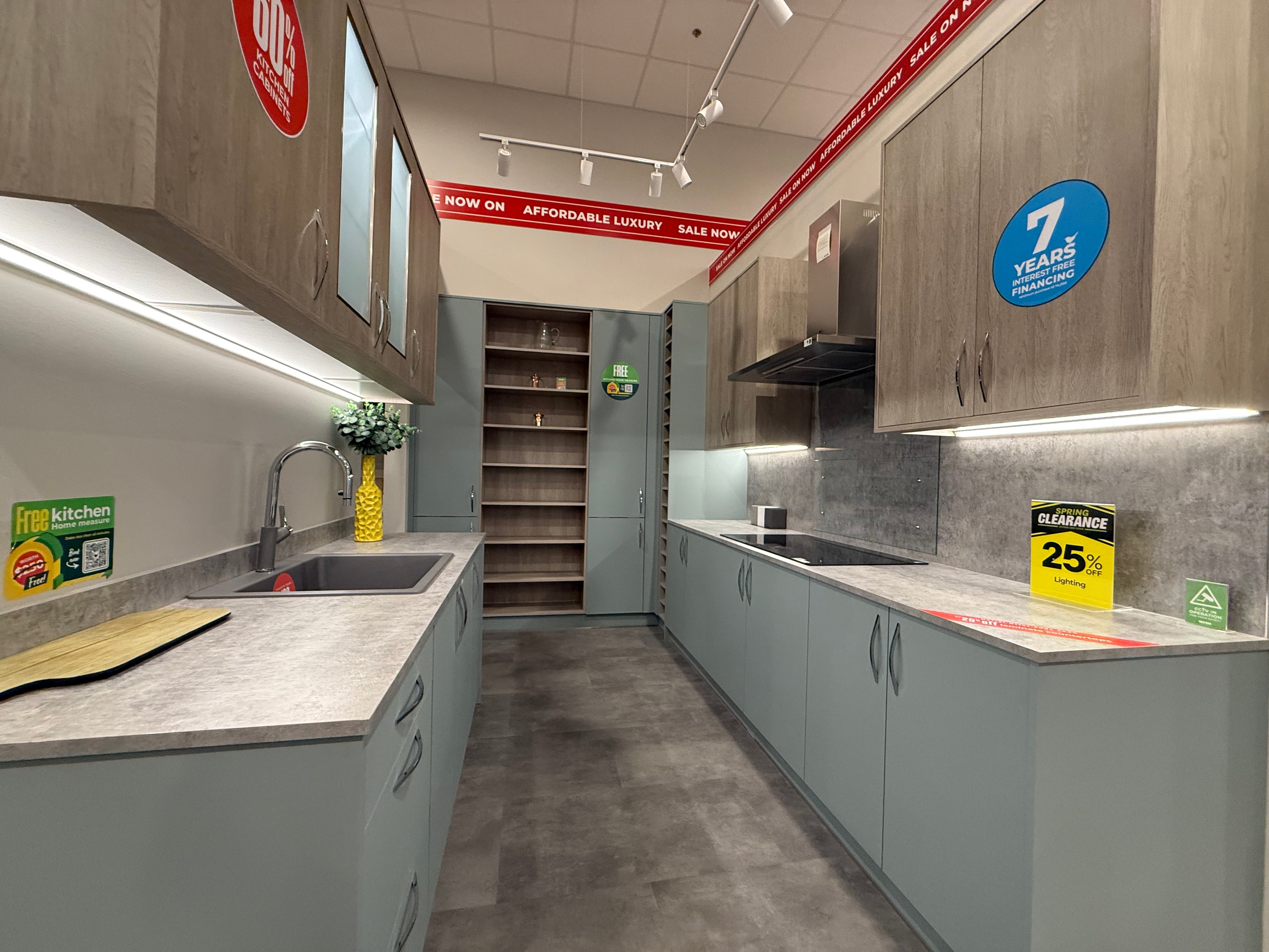Wren Ultra Cloud Blue Gloss & Elements Limed Oak Matte Kitchen