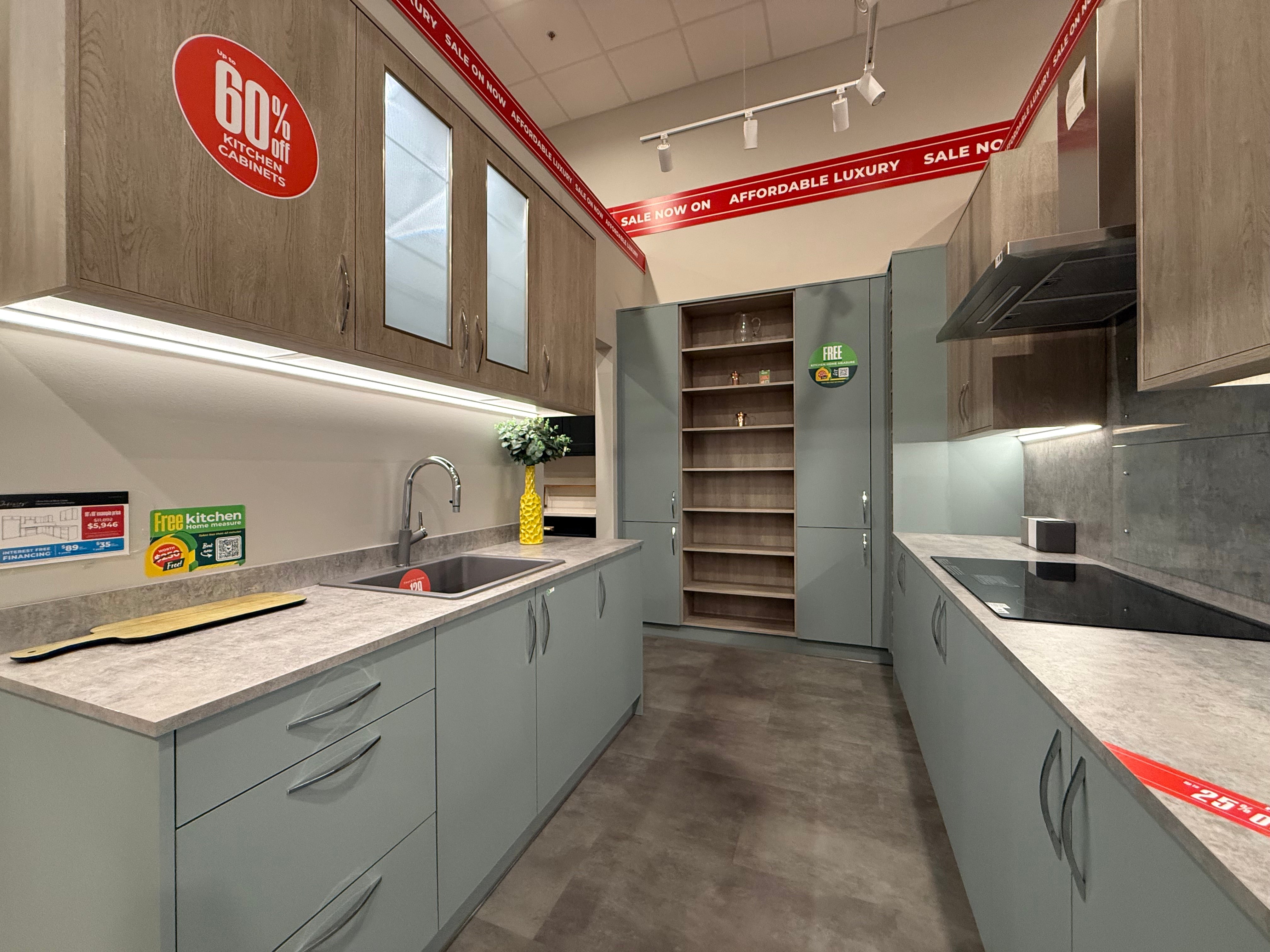 Wren Ultra Cloud Blue Gloss & Elements Limed Oak Matte Kitchen