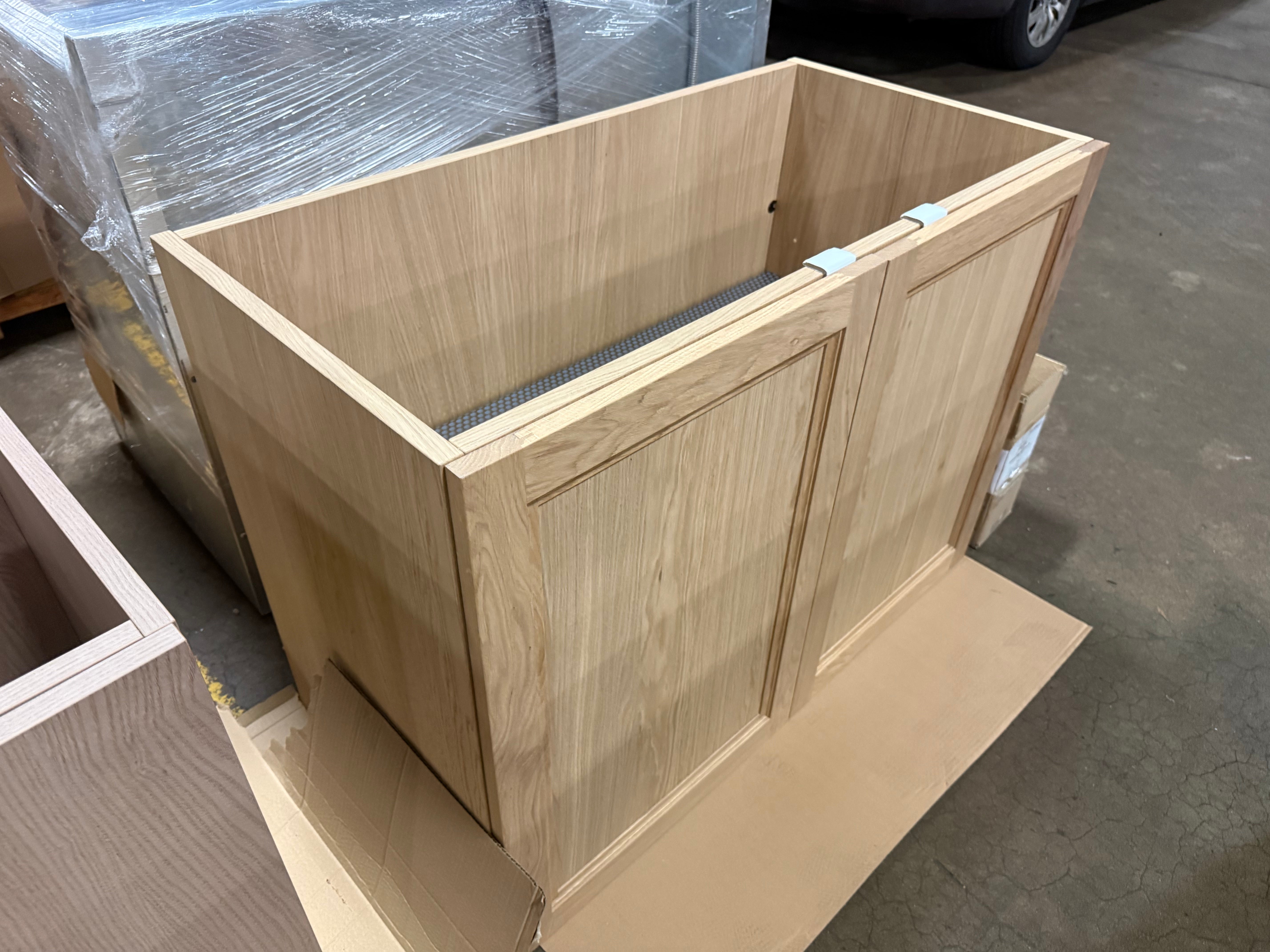 DOCA 47 inch transitional bathroom vanity base in light natural oak wood with soft close cabinet doors and drawers