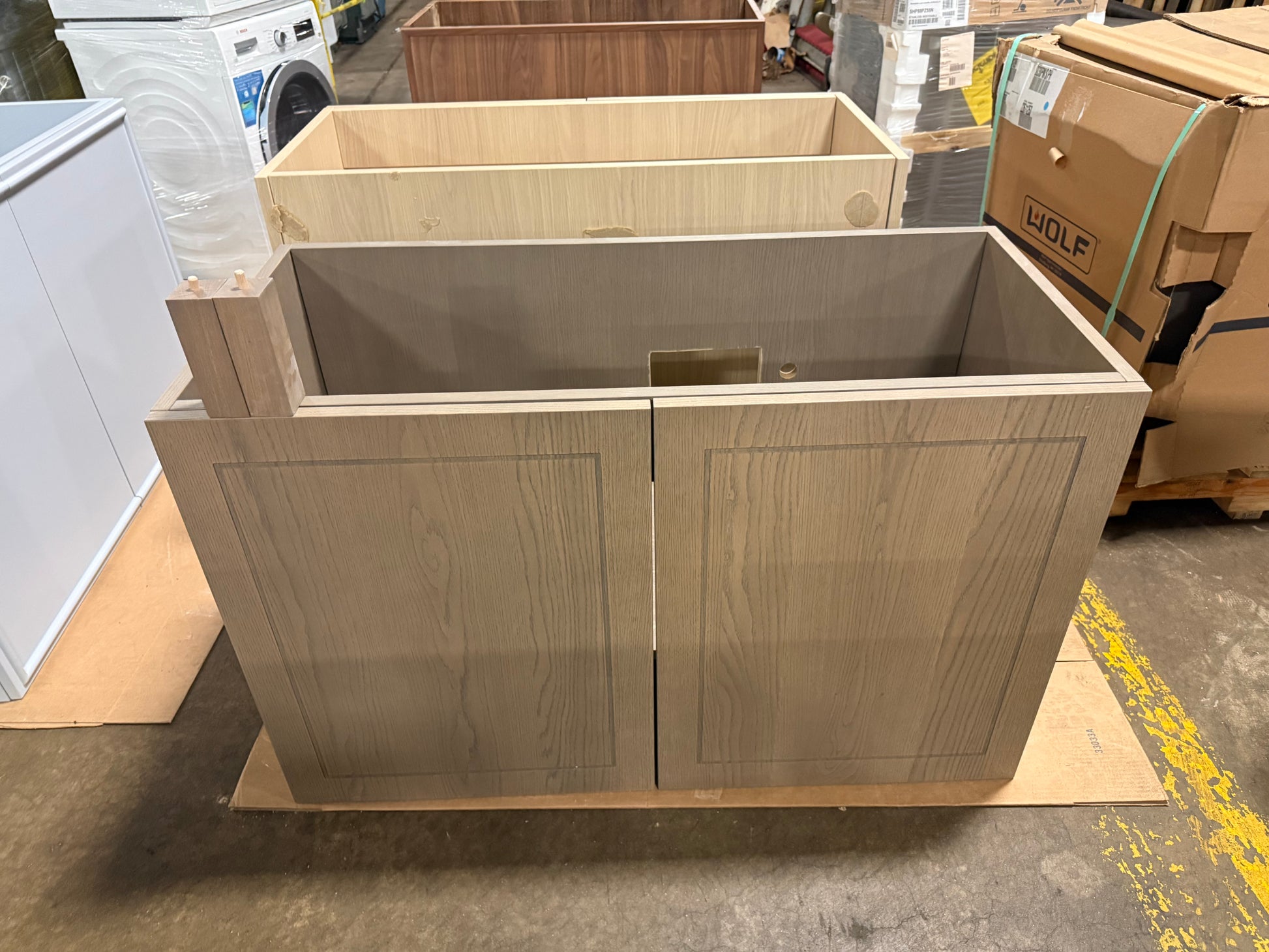 DOCA 43 inch transitional single bathroom vanity base in natural wood with soft close cabinet doors and drawers