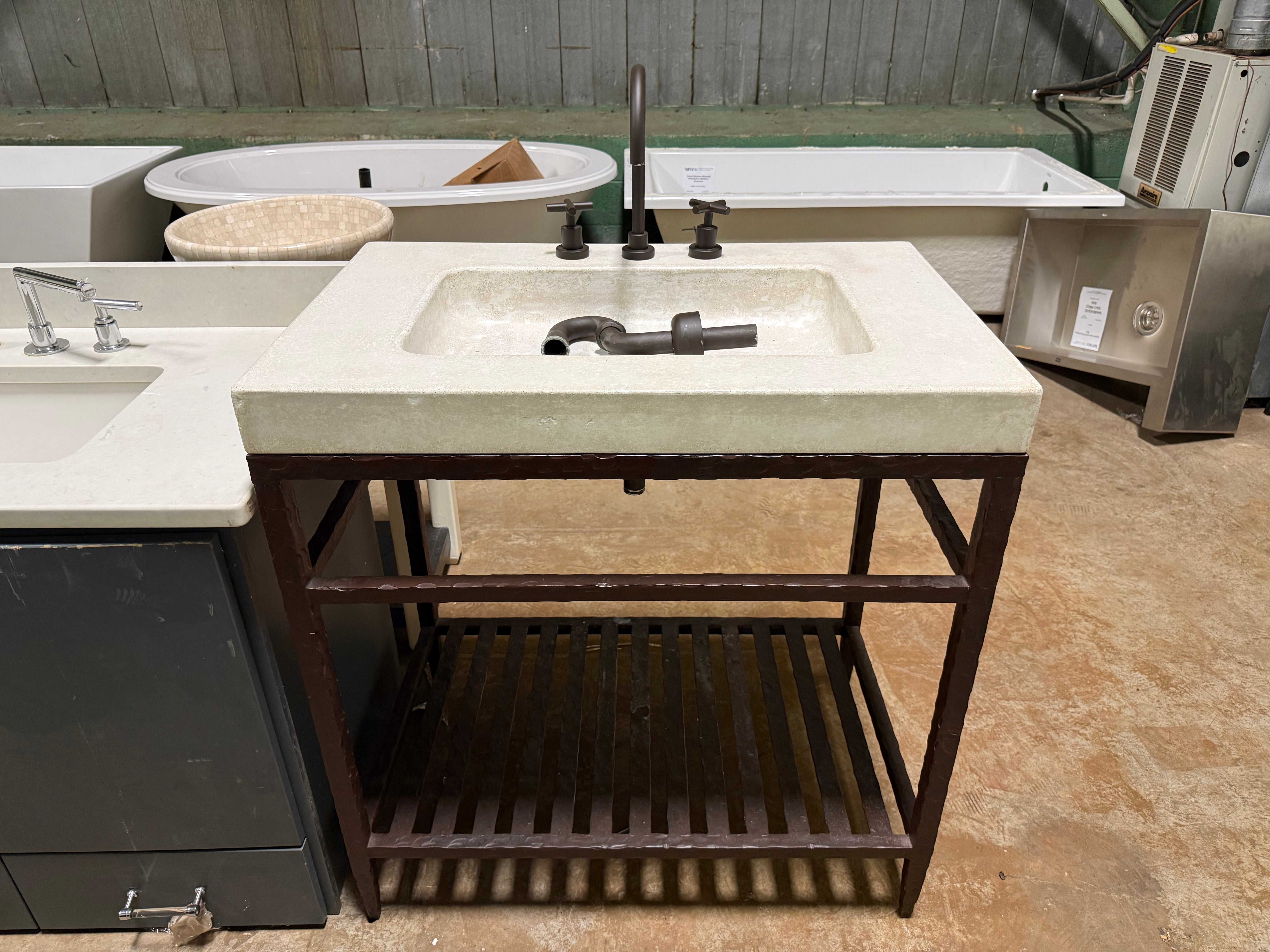 Custom industrial 34 inch freestanding single bathroom vanity with integrated sink basin and black faucet fixture