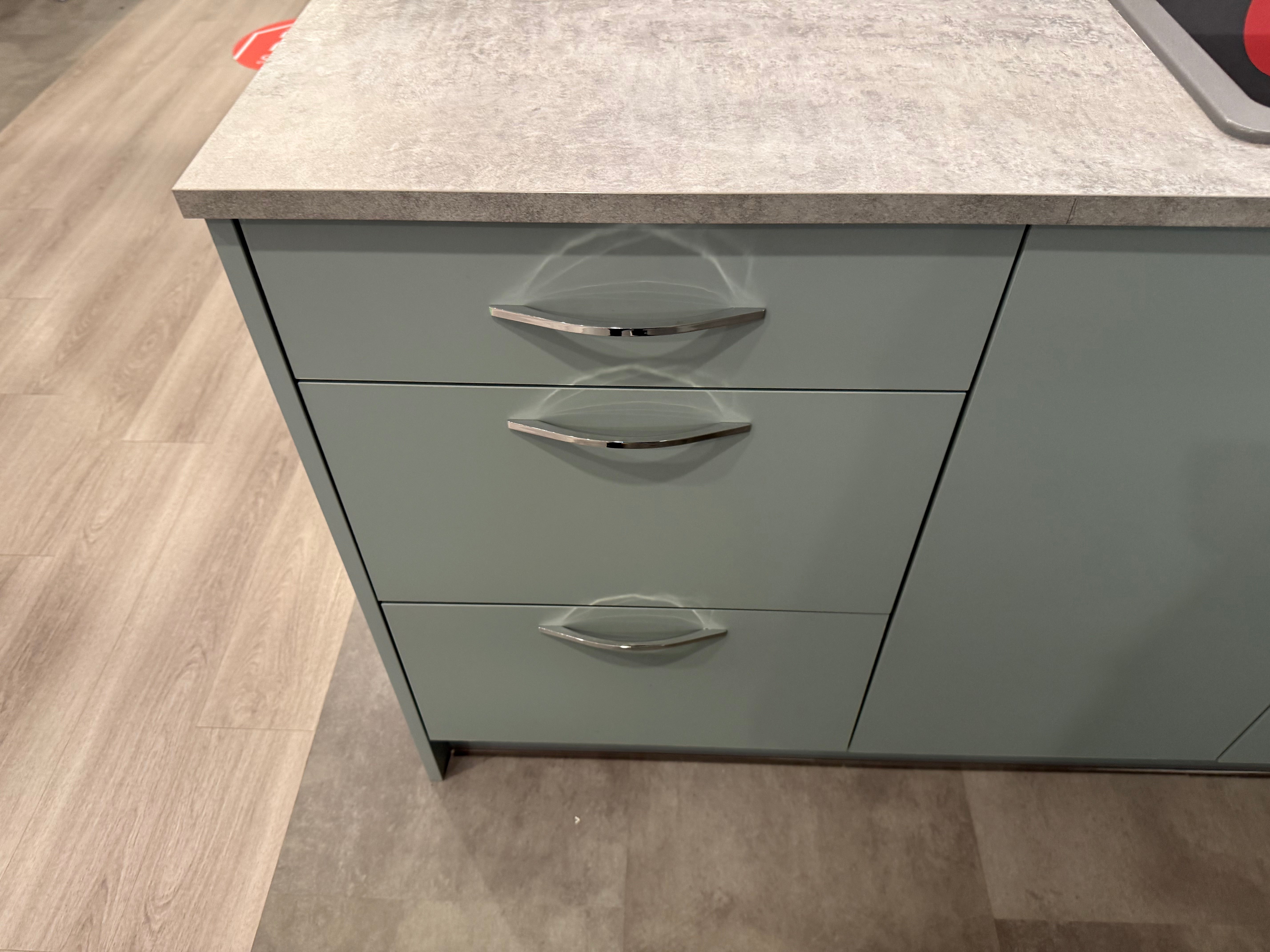 Wren Ultra Cloud Blue Gloss & Elements Limed Oak Matte Kitchen