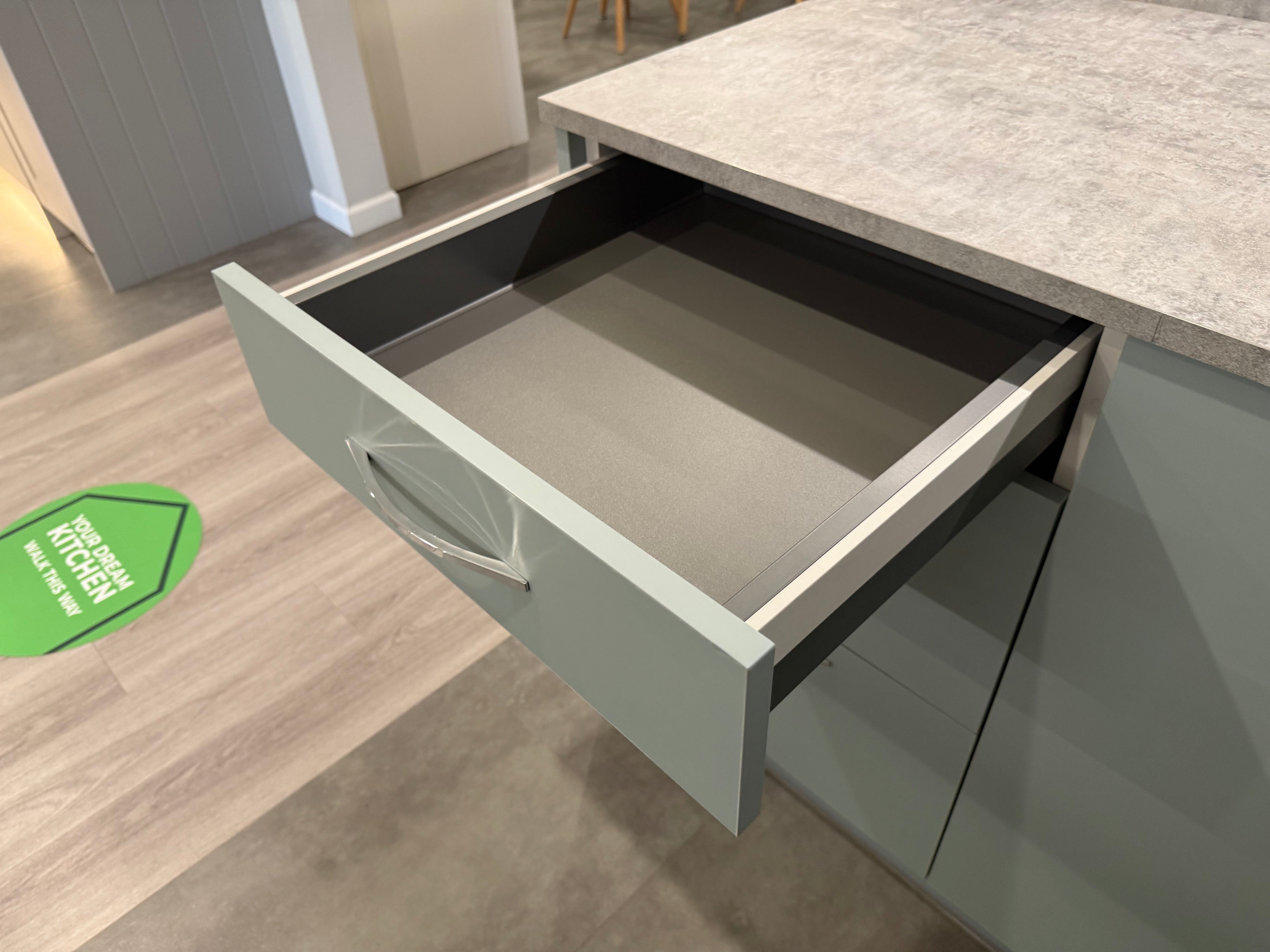 Wren Ultra Cloud Blue Gloss & Elements Limed Oak Matte Kitchen