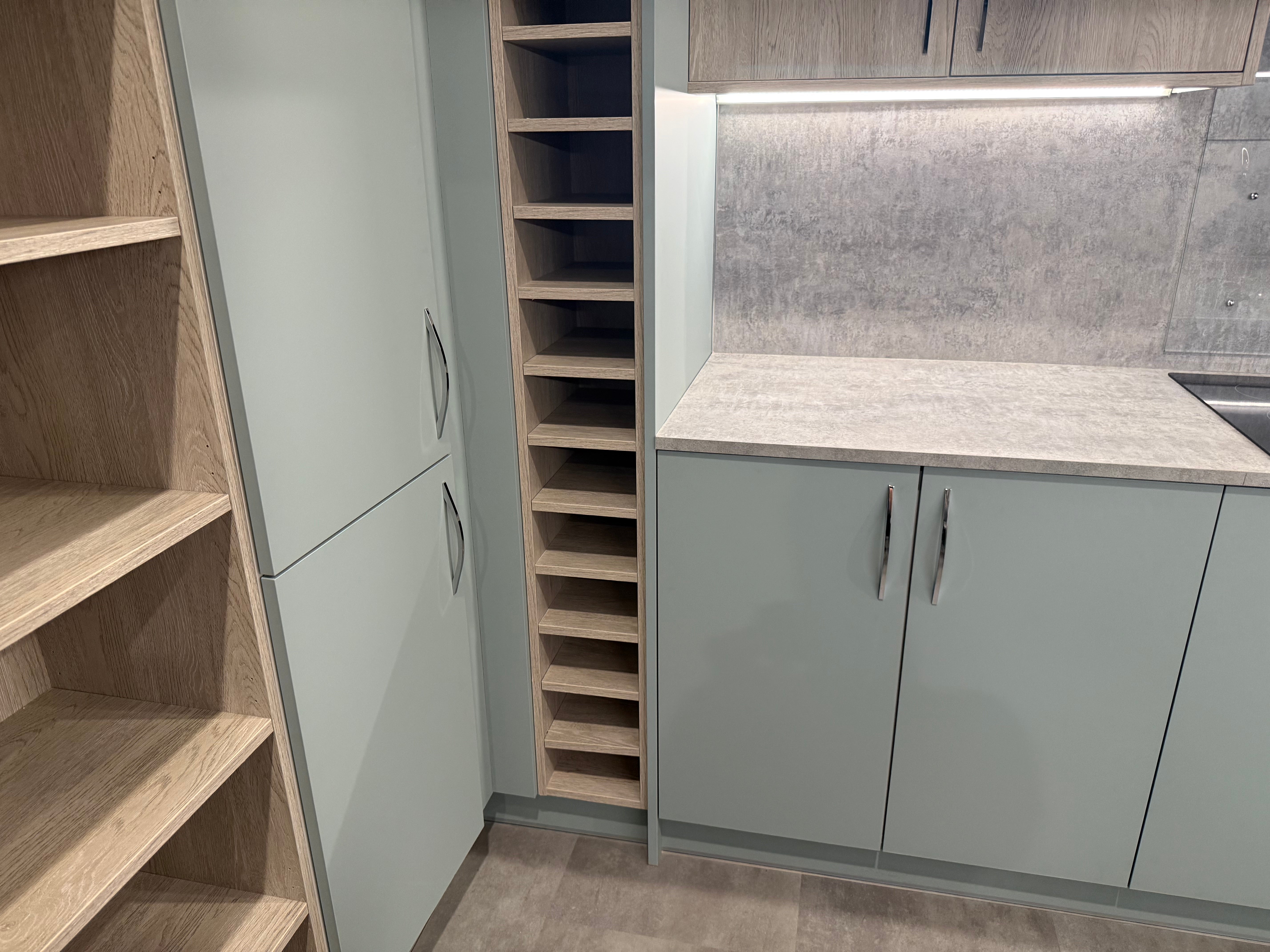 Wren Ultra Cloud Blue Gloss & Elements Limed Oak Matte Kitchen