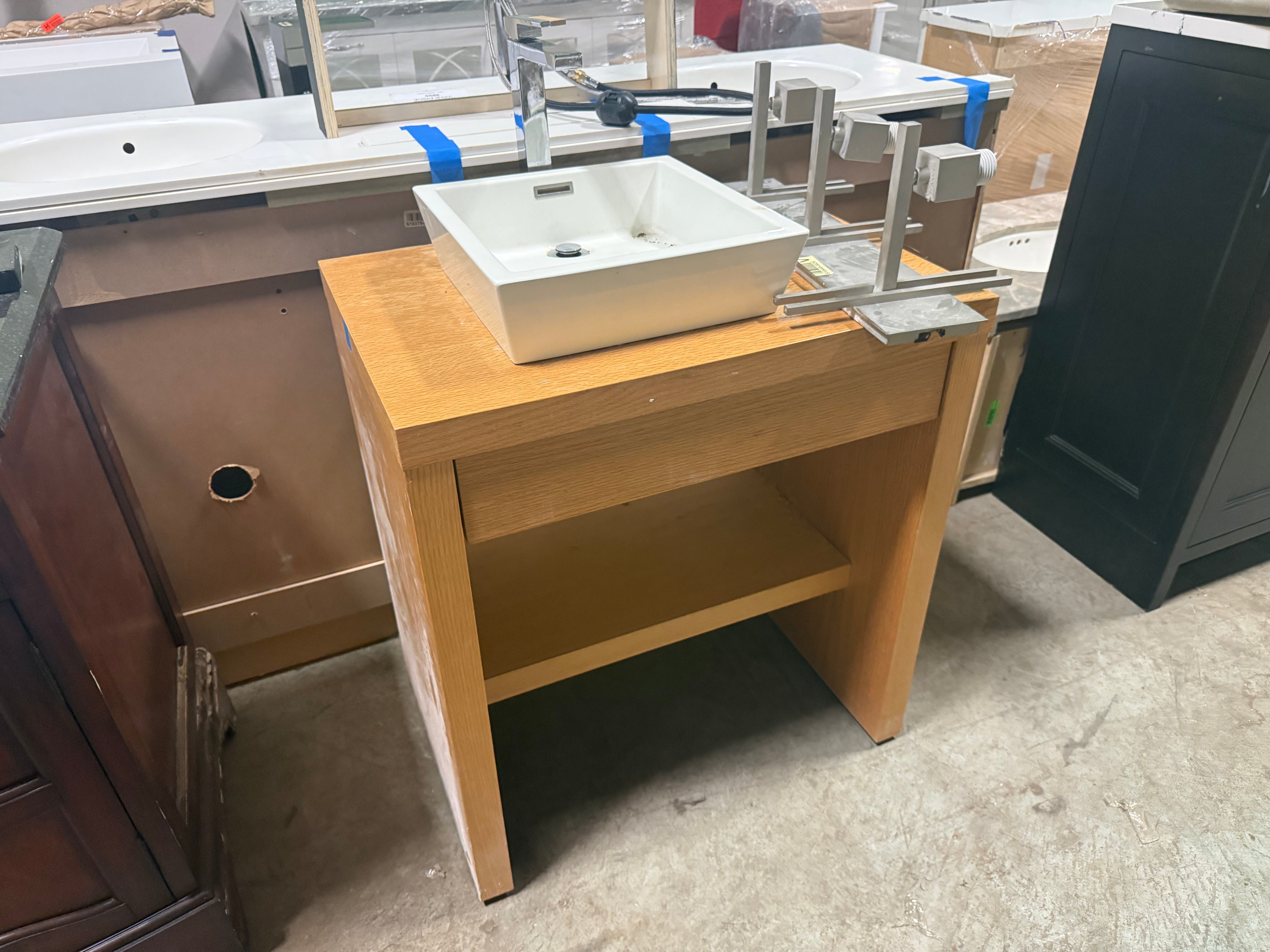 Custom 30 inch open shelf light oak single vanity with white vessel sink and tall faucet