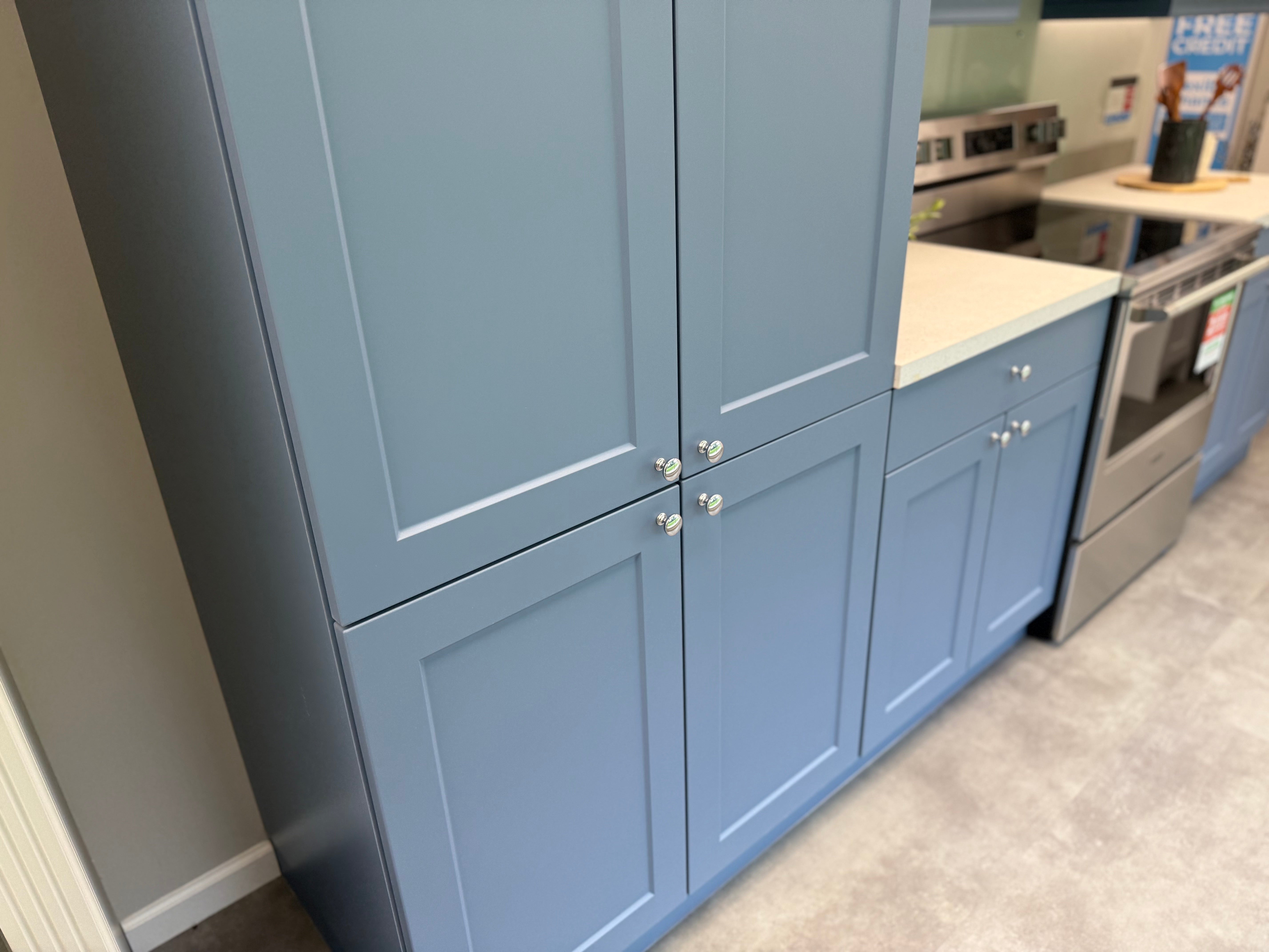 Wren Shaker Chelsea Juratek Matte Smoke Blue Kitchen Wall