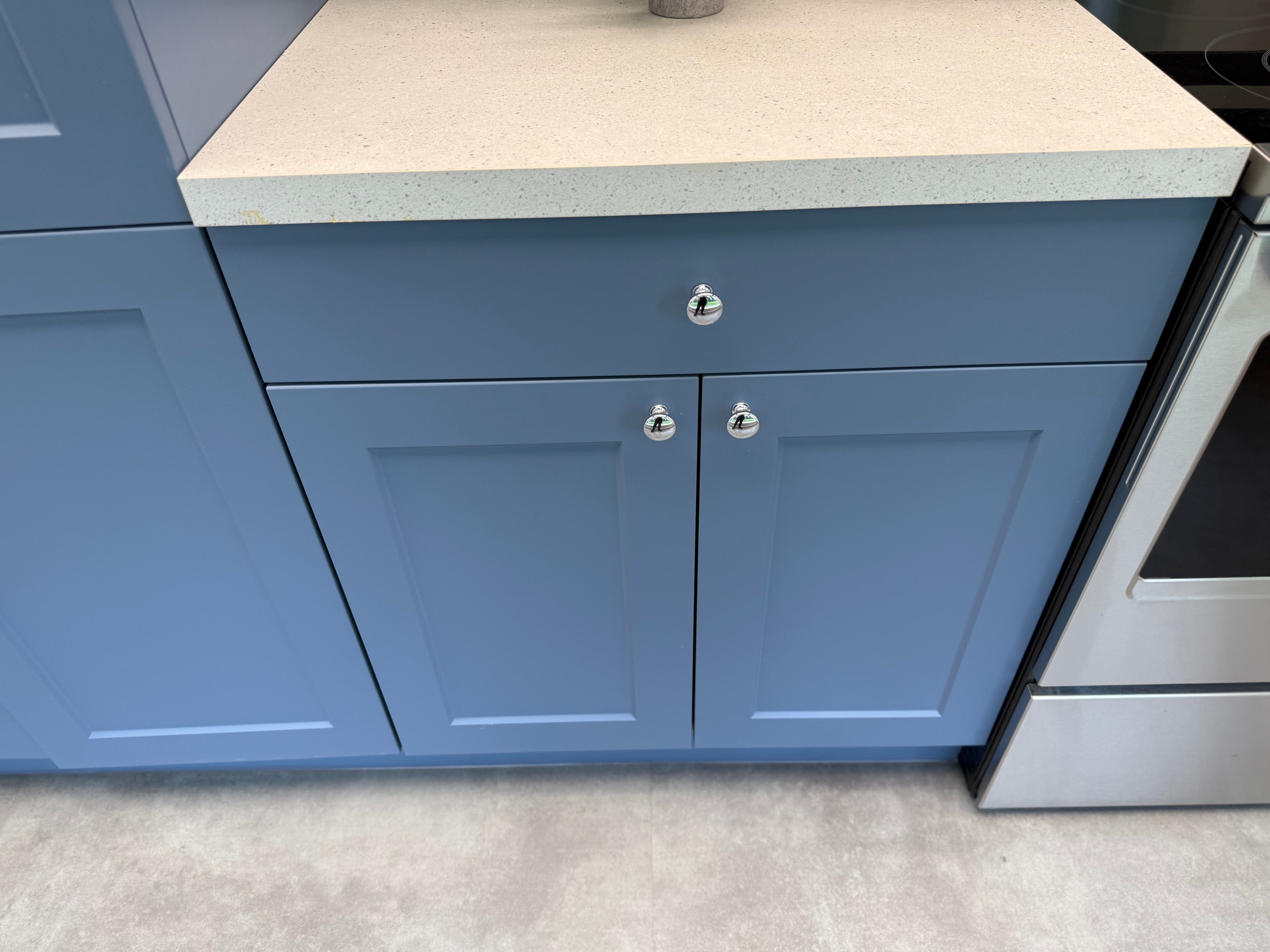 Wren Shaker Chelsea Juratek Matte Smoke Blue Kitchen Wall