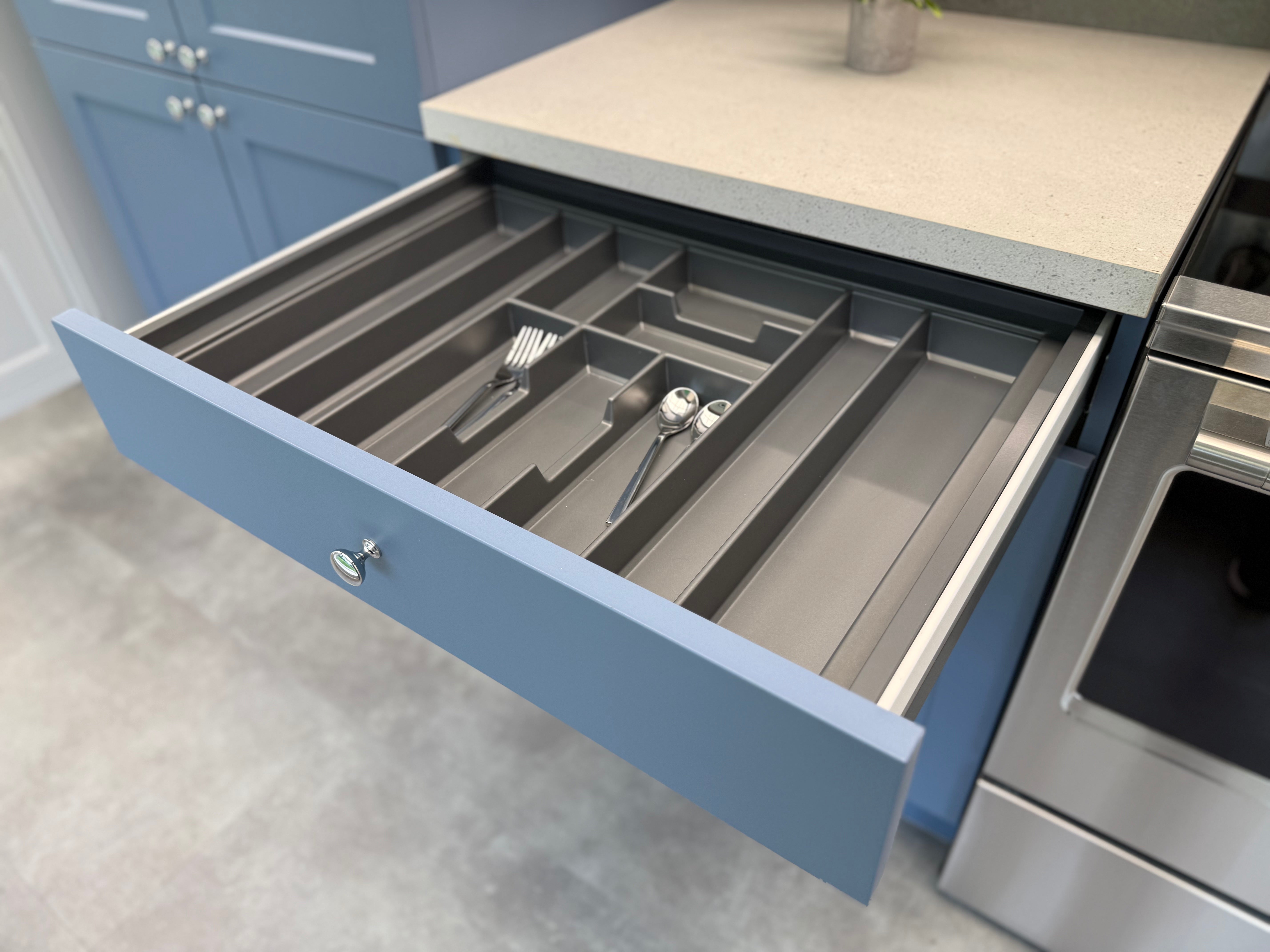 Wren Shaker Chelsea Juratek Matte Smoke Blue Kitchen Wall