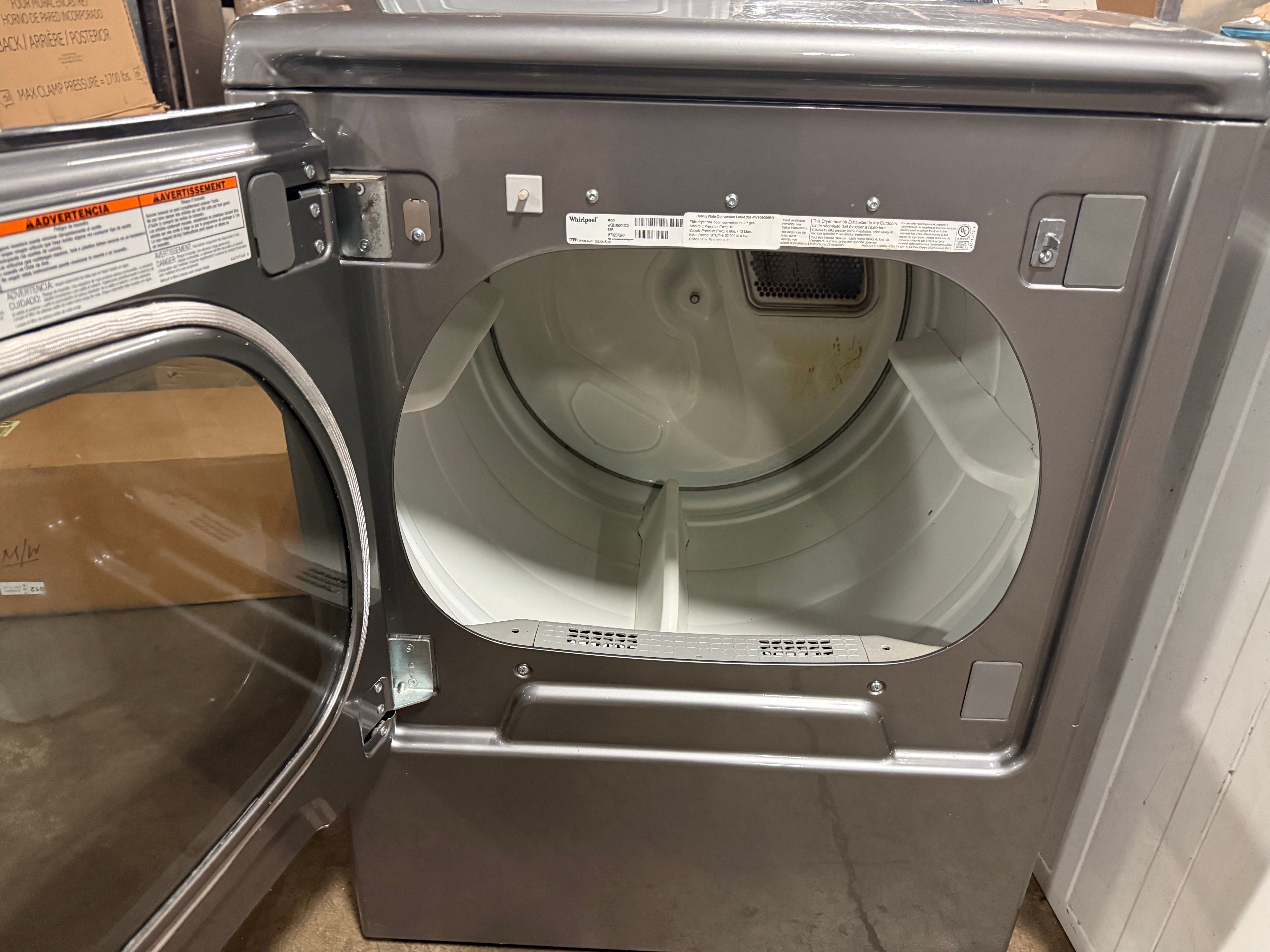 Modern 29 in wide front-control gas clothes dryer in chrome shadow finish