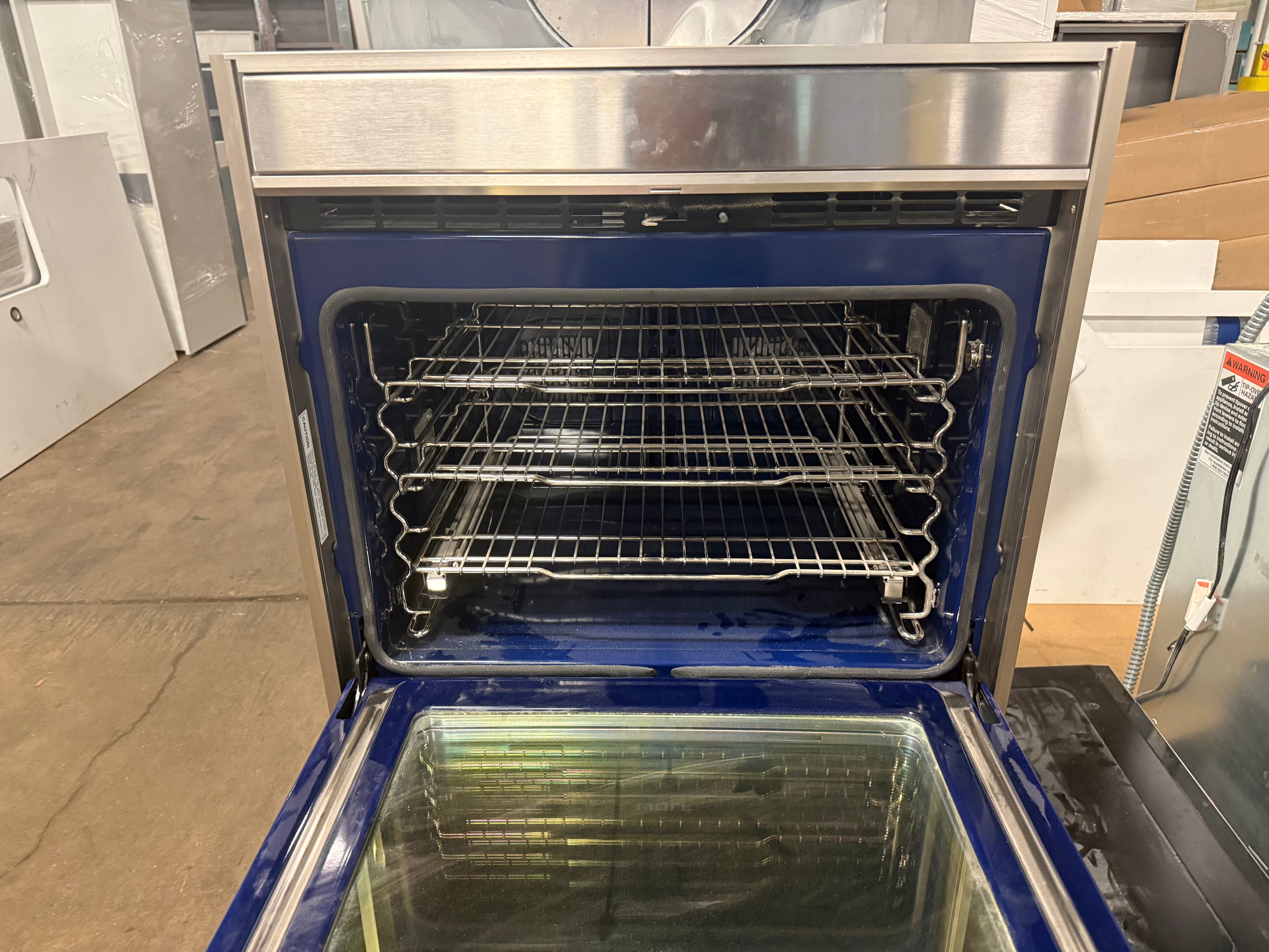 Interior view of Wolf DO30FS showing cobalt blue porcelain cavity and convection fans