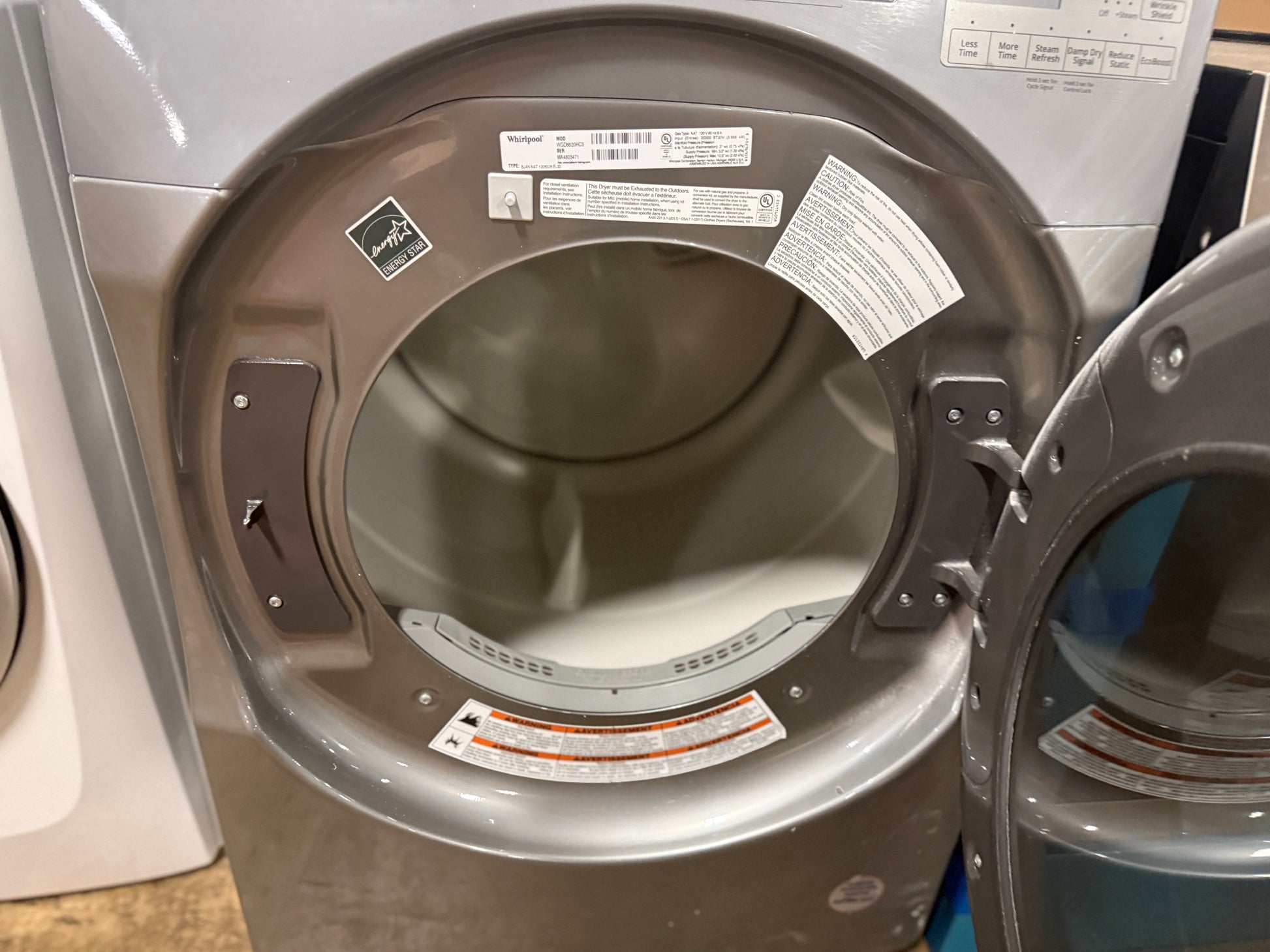 Close up of Whirlpool WGD6620HC drum interior and moisture sensor system