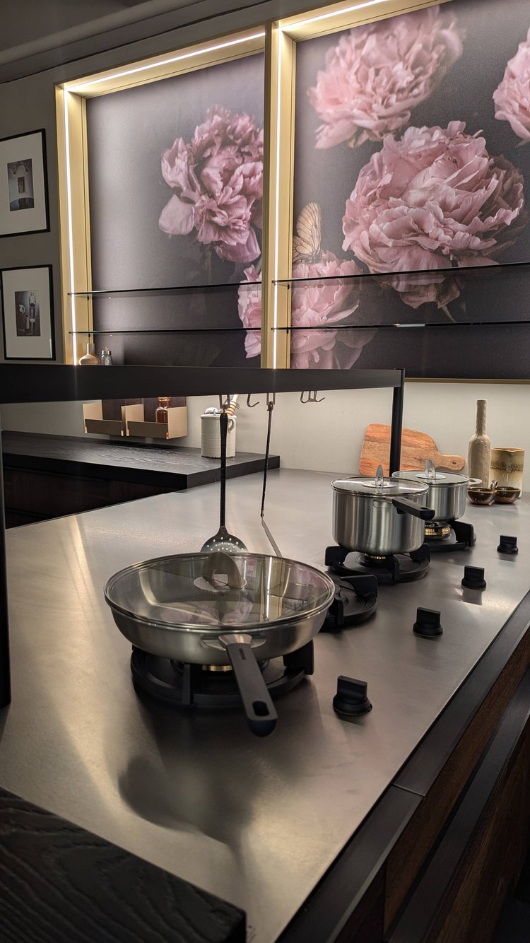 Cesar Modern Dark Wood Tone Kitchen with Black Wood Veneer Countertops and Custom Marble Sink