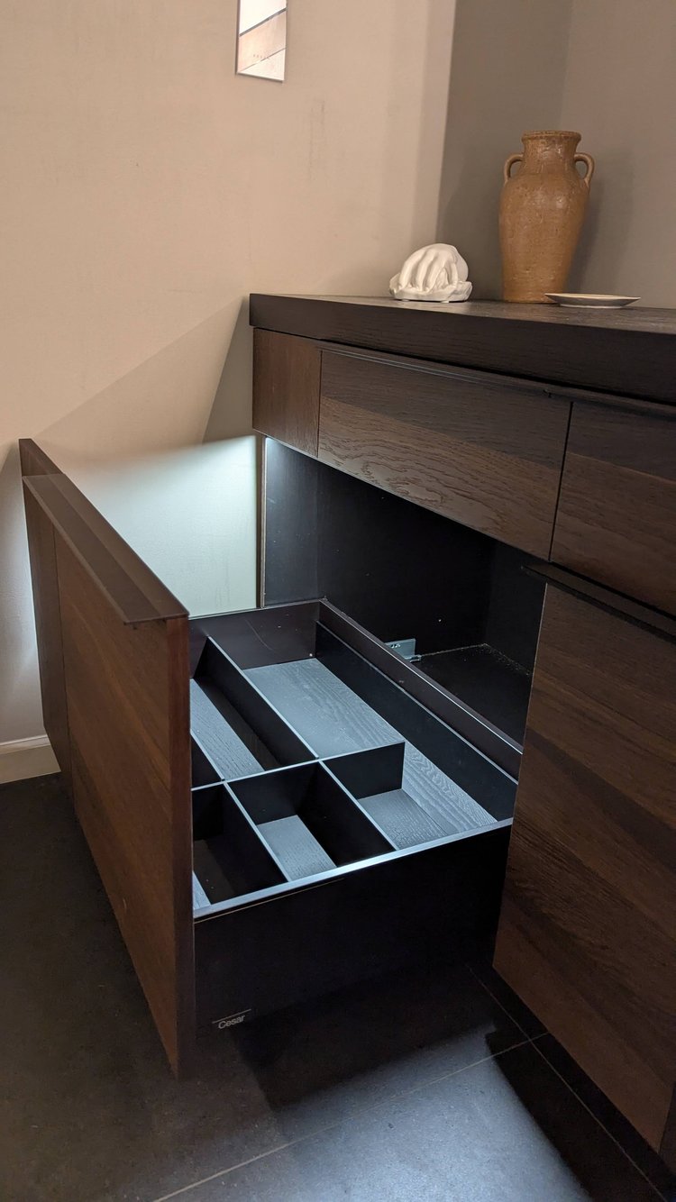 Cesar Modern Dark Wood Tone Kitchen with Black Wood Veneer Countertops and Custom Marble Sink