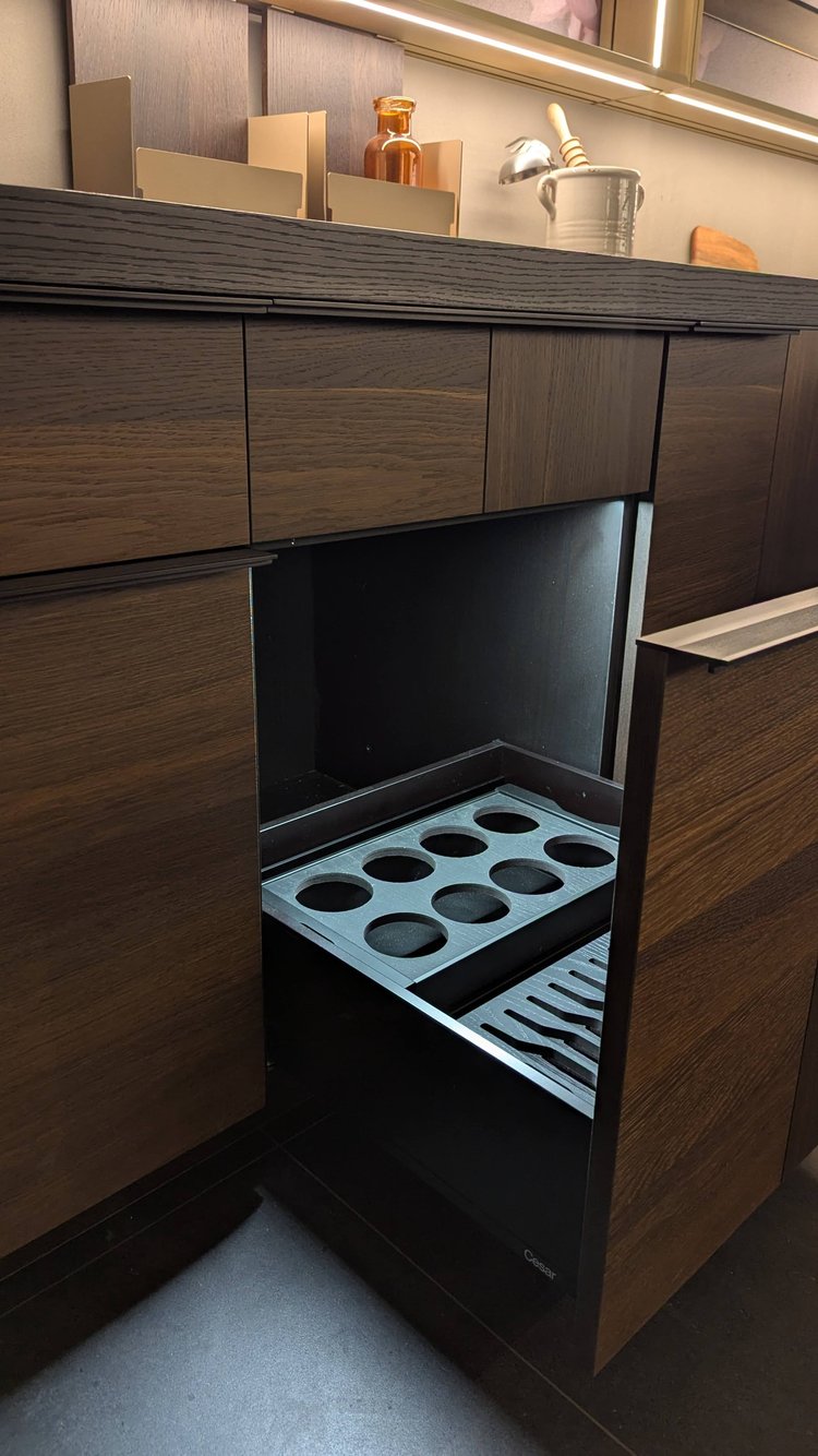 Cesar Modern Dark Wood Tone Kitchen with Black Wood Veneer Countertops and Custom Marble Sink