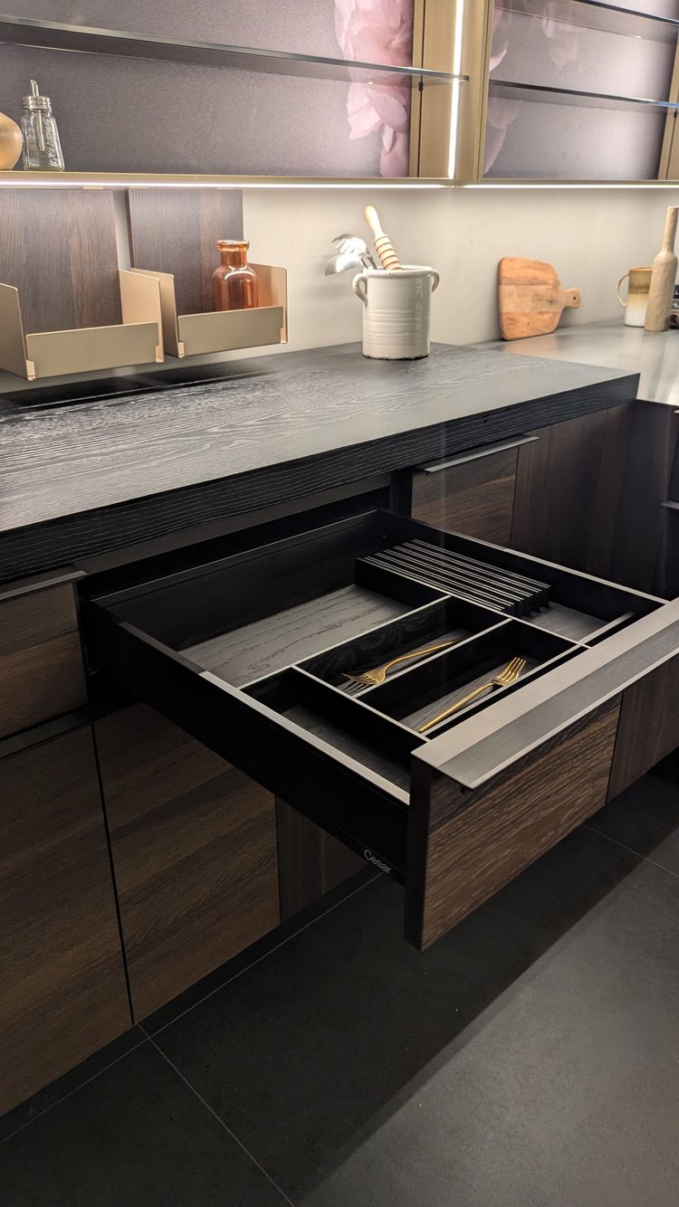 Cesar Modern Dark Wood Tone Kitchen with Black Wood Veneer Countertops and Custom Marble Sink