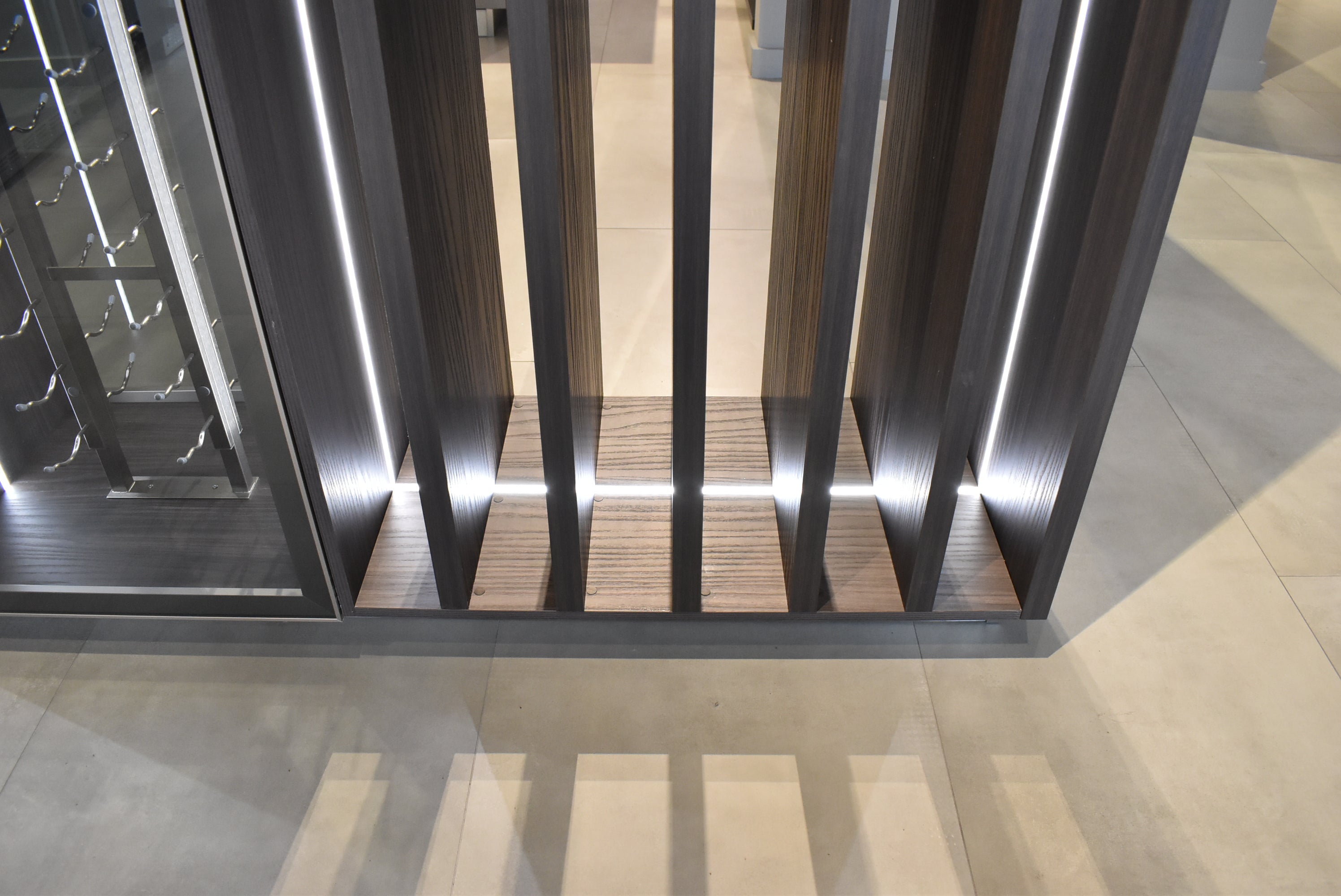 Azzurri Casa Modern Wood Paneled Wet Wine Bar with Wine Wall and Onyx Countertops