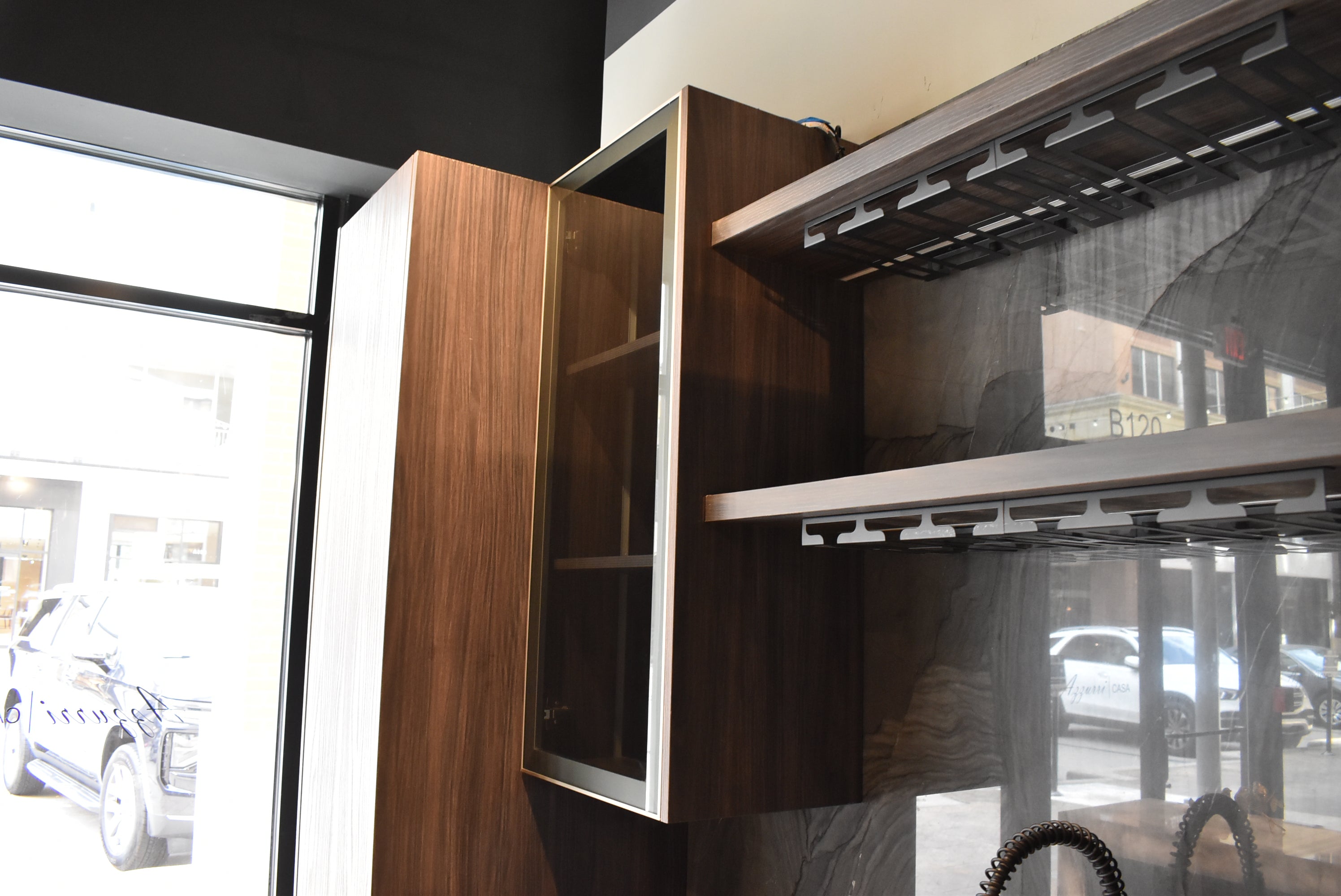 Azzurri Casa Modern Wood Paneled Wet Wine Bar with Wine Wall and Onyx Countertops